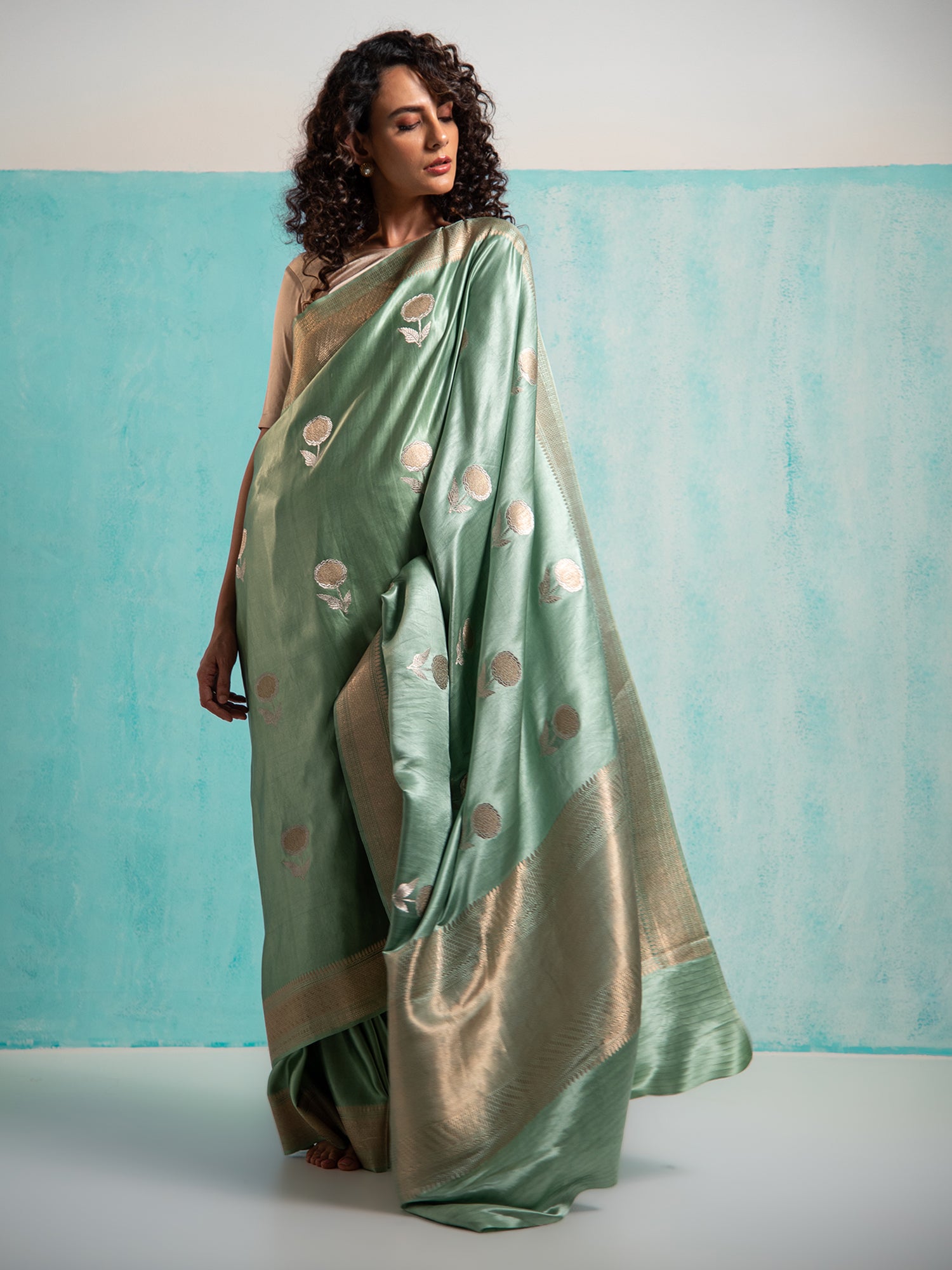 Pastel Olive Green Sona Roopa Boota Satin Silk Handloom Banarasi Saree - Sacred Weaves
