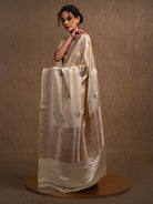 Cream Sona Roopa Boota Satin Silk Handloom Banarasi Saree - Sacred Weaves