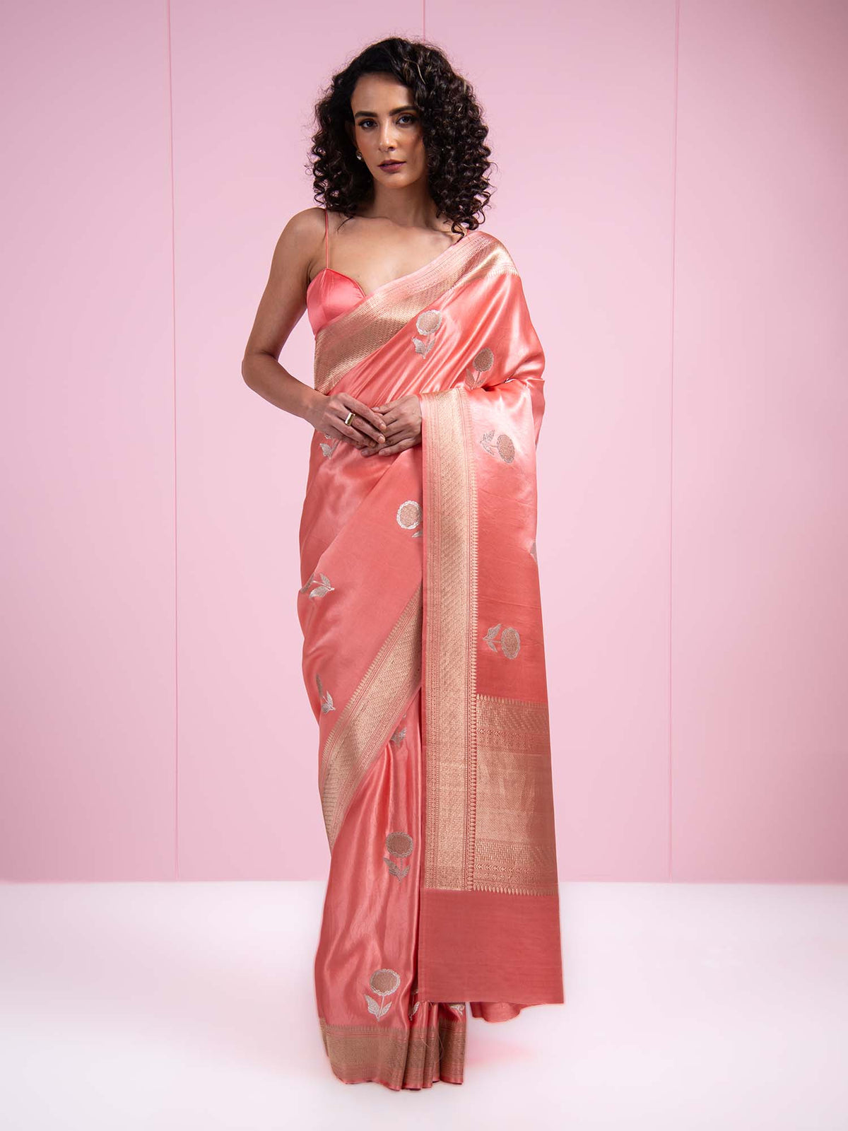 Coral Pink Sona Roopa Boota Satin Silk Handloom Banarasi Saree - Sacred Weaves