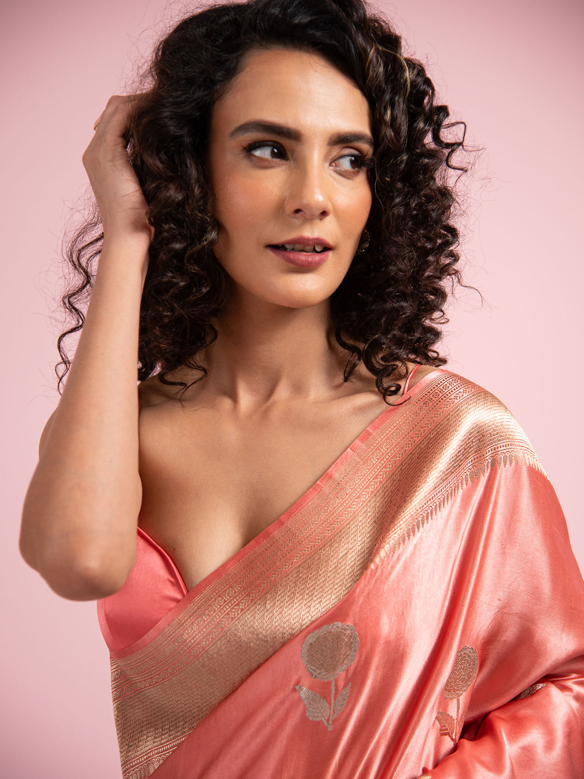 Coral Pink Sona Roopa Boota Satin Silk Handloom Banarasi Saree - Sacred Weaves