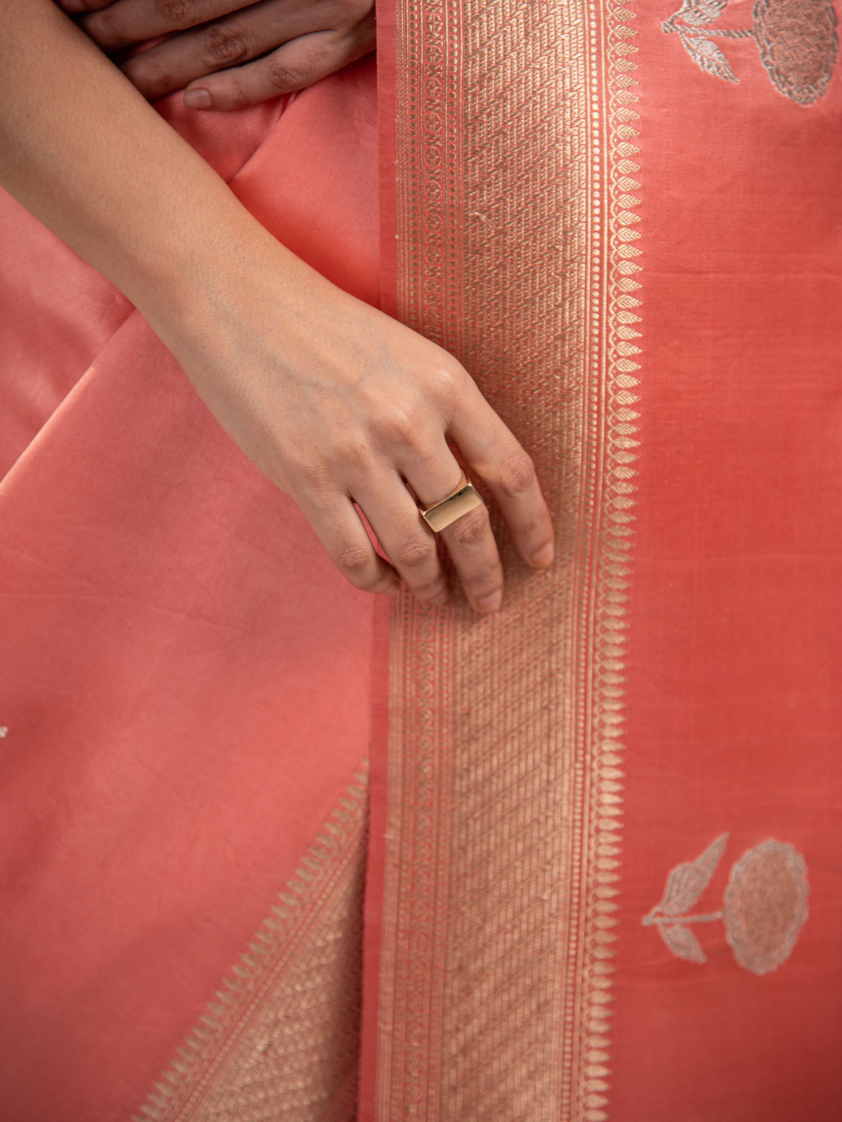Coral Pink Sona Roopa Boota Satin Silk Handloom Banarasi Saree - Sacred Weaves