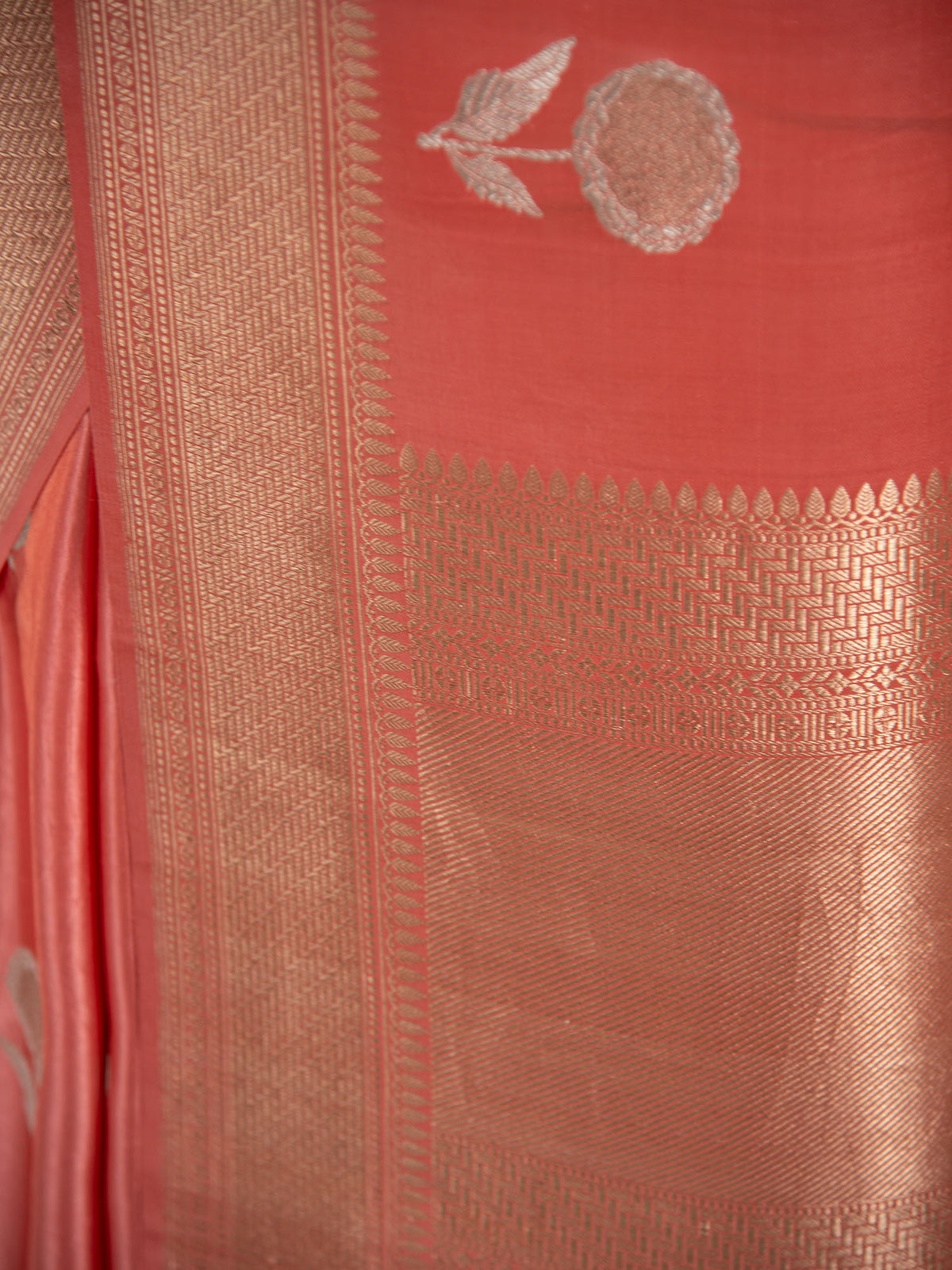 Coral Pink Sona Roopa Boota Satin Silk Handloom Banarasi Saree - Sacred Weaves