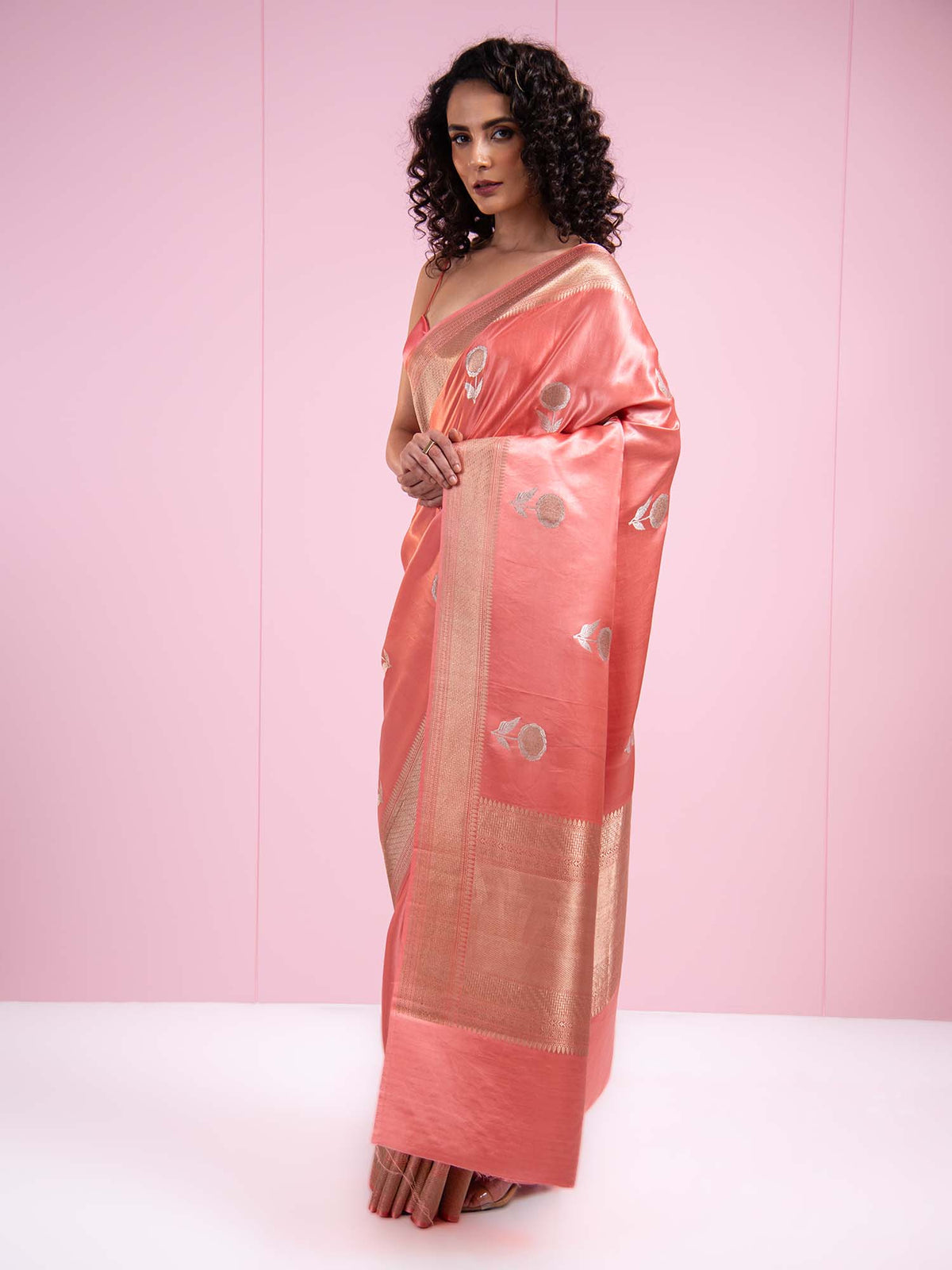 Coral Pink Sona Roopa Boota Satin Silk Handloom Banarasi Saree - Sacred Weaves
