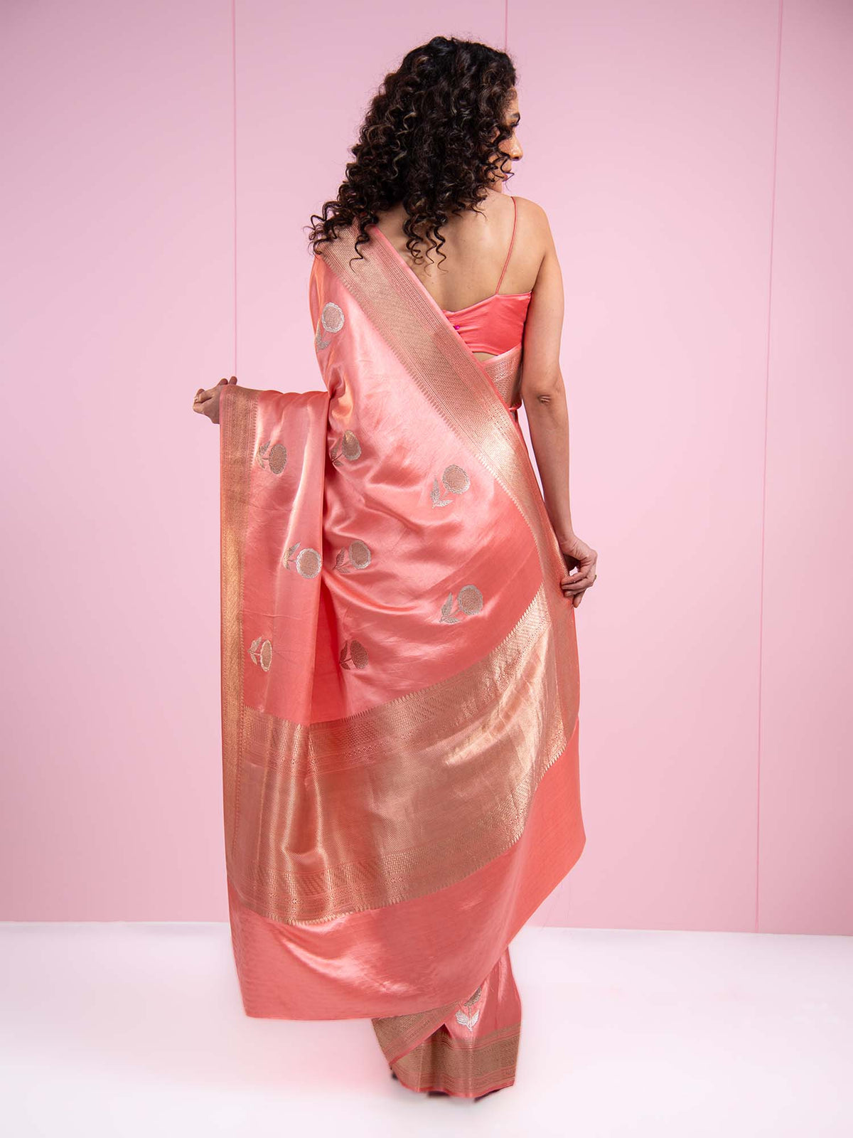 Coral Pink Sona Roopa Boota Satin Silk Handloom Banarasi Saree - Sacred Weaves