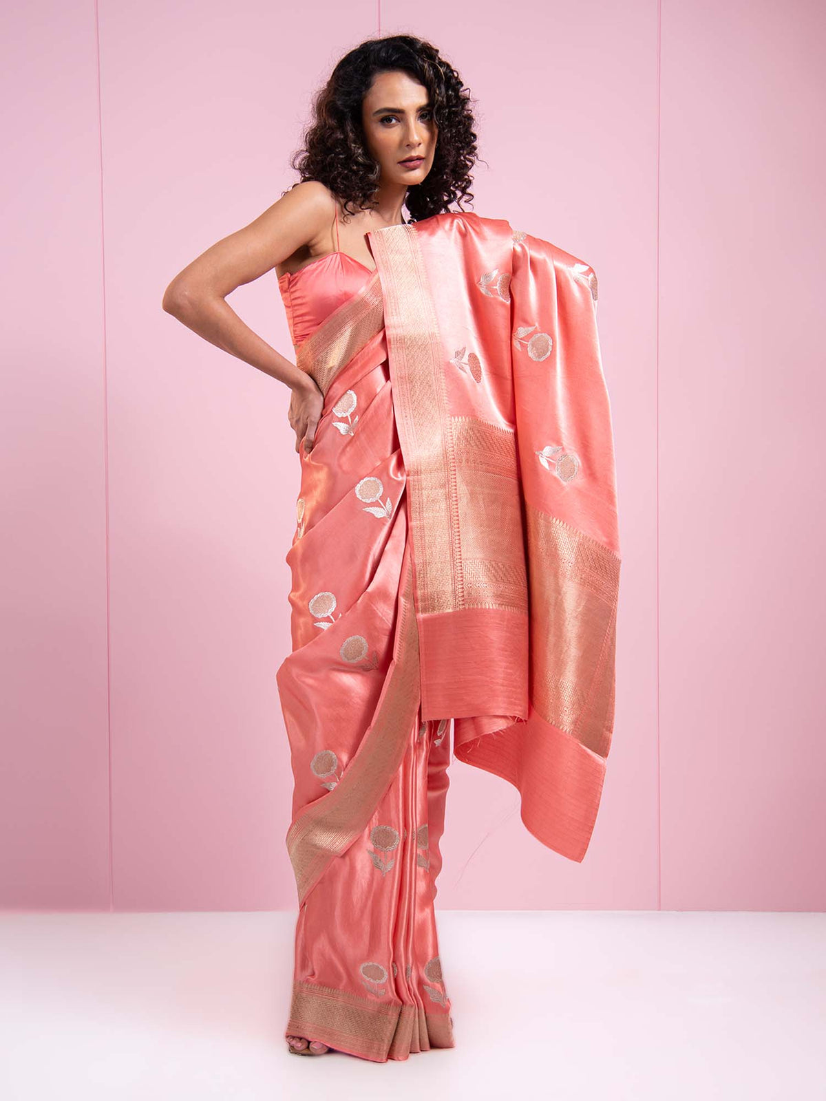 Coral Pink Sona Roopa Boota Satin Silk Handloom Banarasi Saree - Sacred Weaves