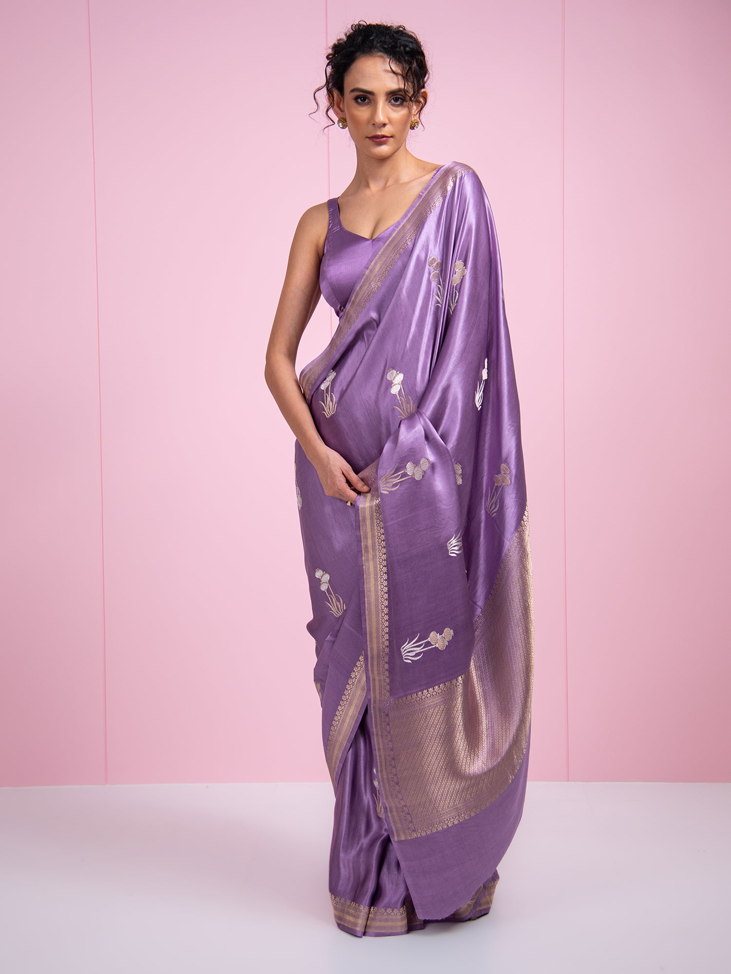 Pastel Purple Boota Satin Silk Handloom Banarasi Saree - Sacred Weaves