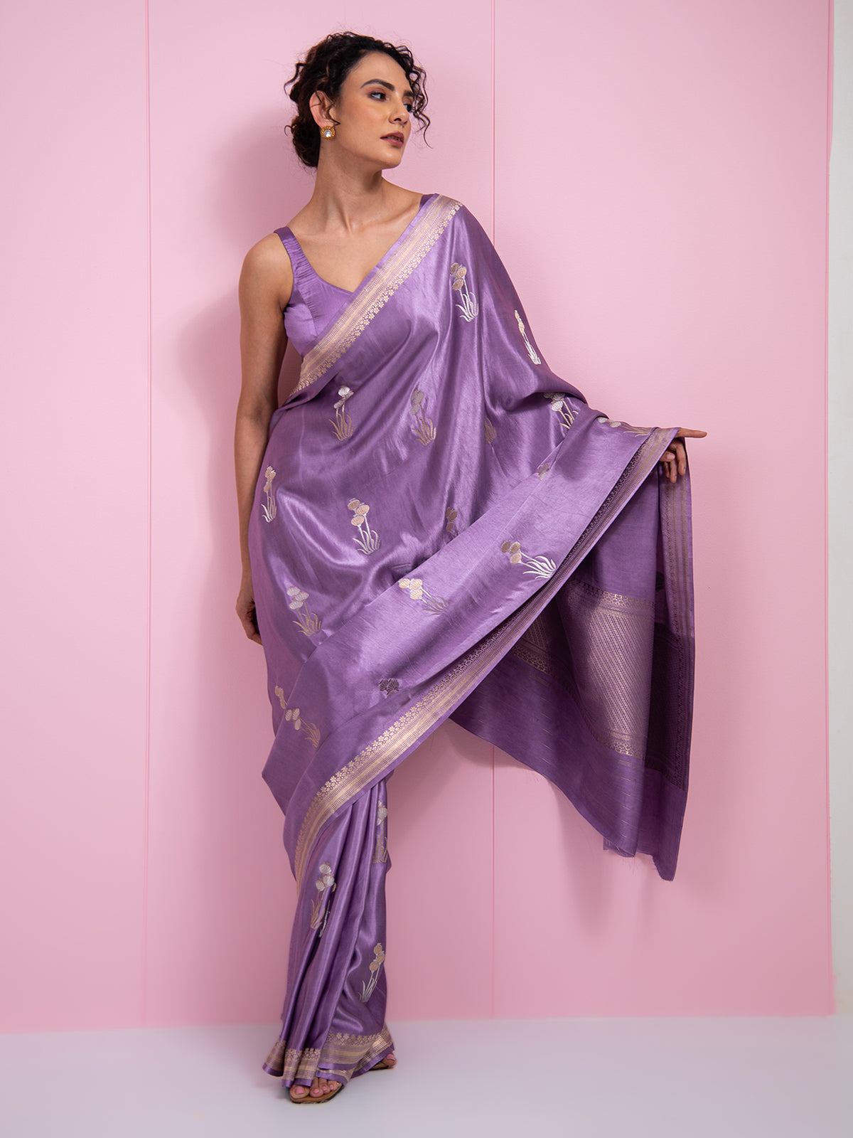 Pastel Purple Boota Satin Silk Handloom Banarasi Saree - Sacred Weaves