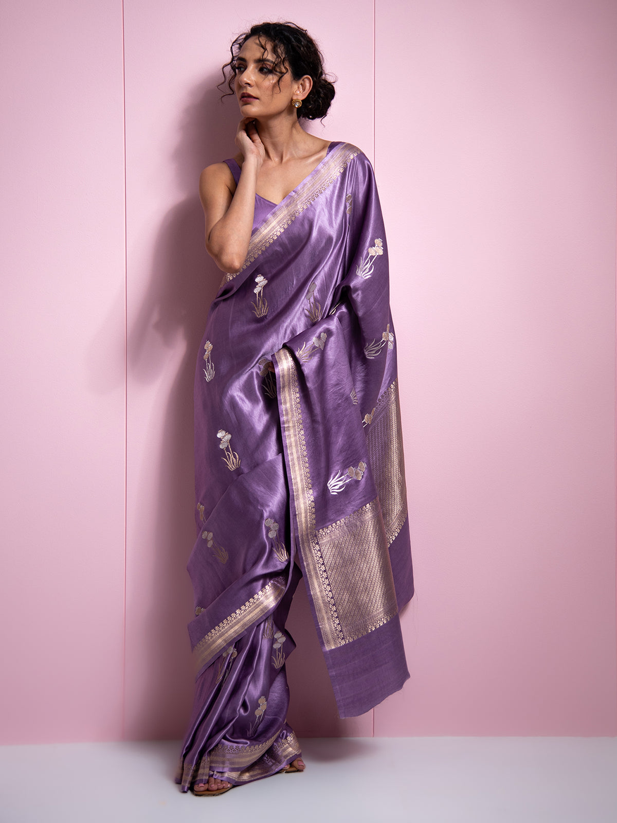 Pastel Purple Boota Satin Silk Handloom Banarasi Saree - Sacred Weaves