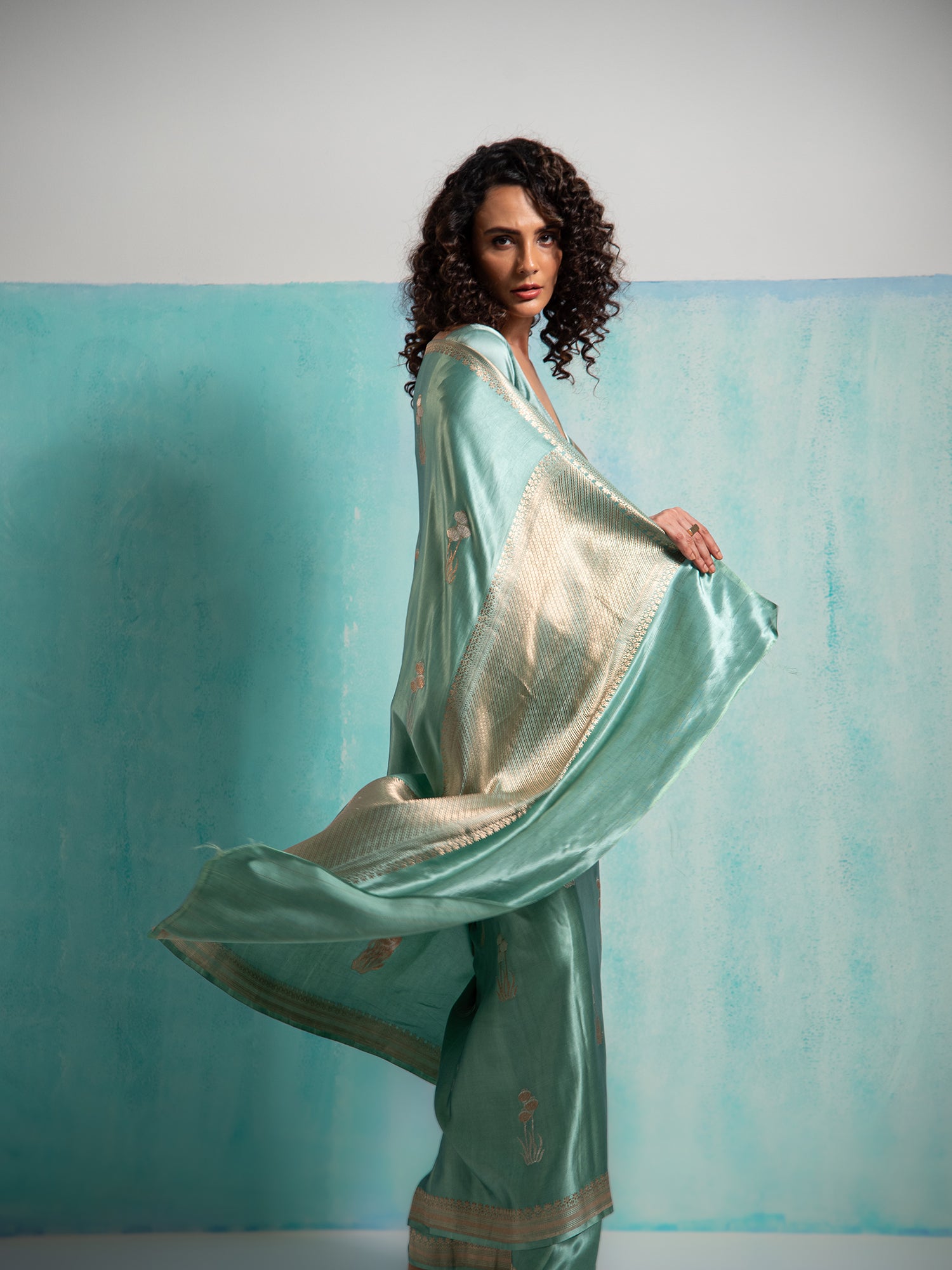 Greenish Grey Purple Boota Satin Silk Handloom Banarasi Saree - Sacred Weaves