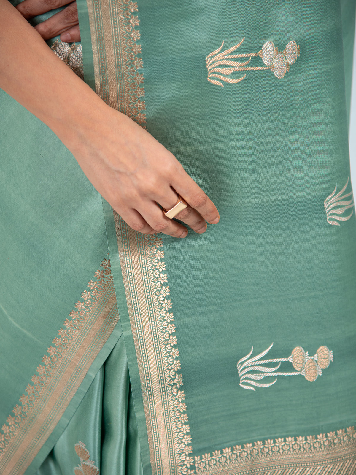 Greenish Grey Purple Boota Satin Silk Handloom Banarasi Saree - Sacred Weaves