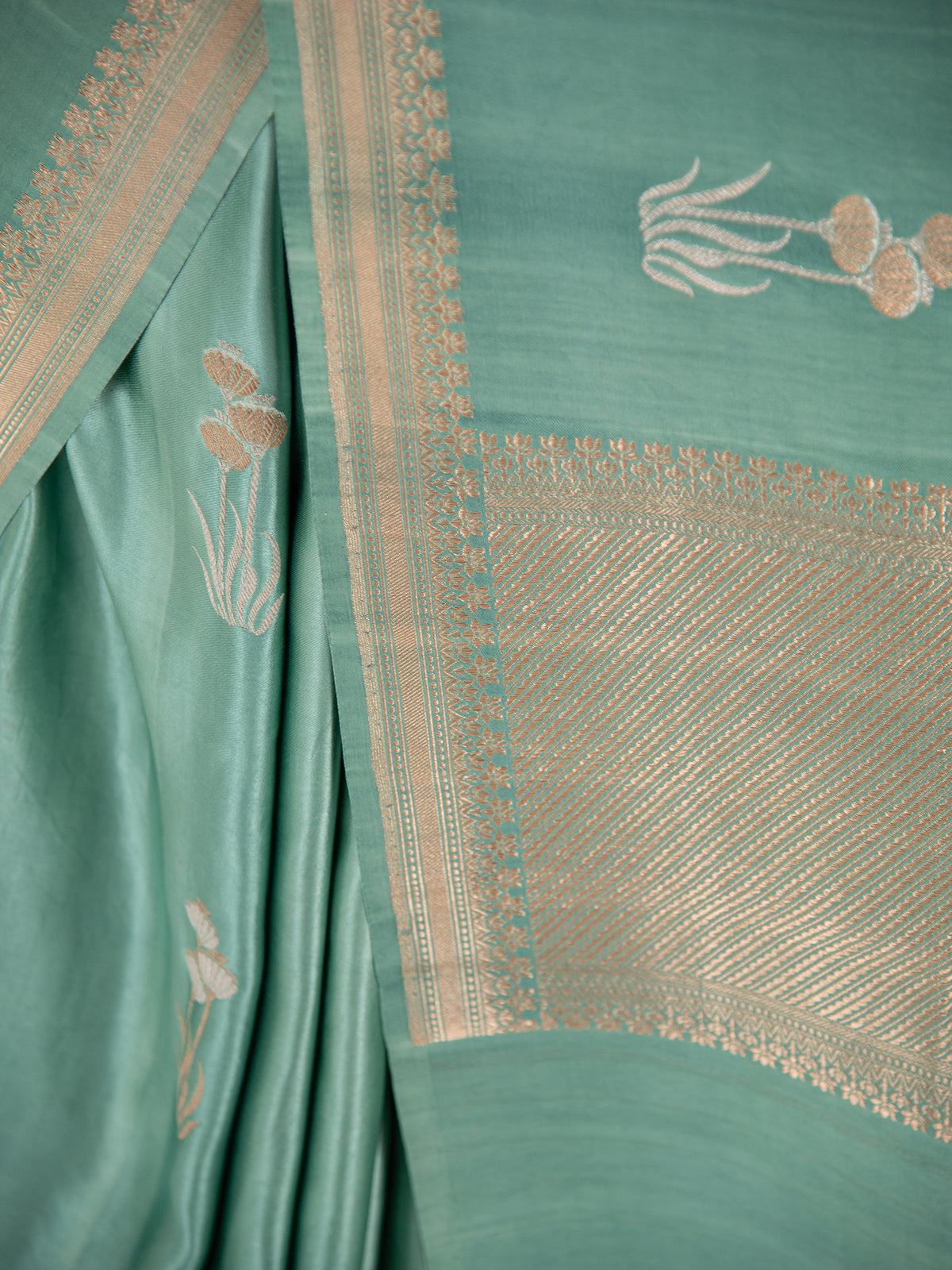 Greenish Grey Purple Boota Satin Silk Handloom Banarasi Saree - Sacred Weaves