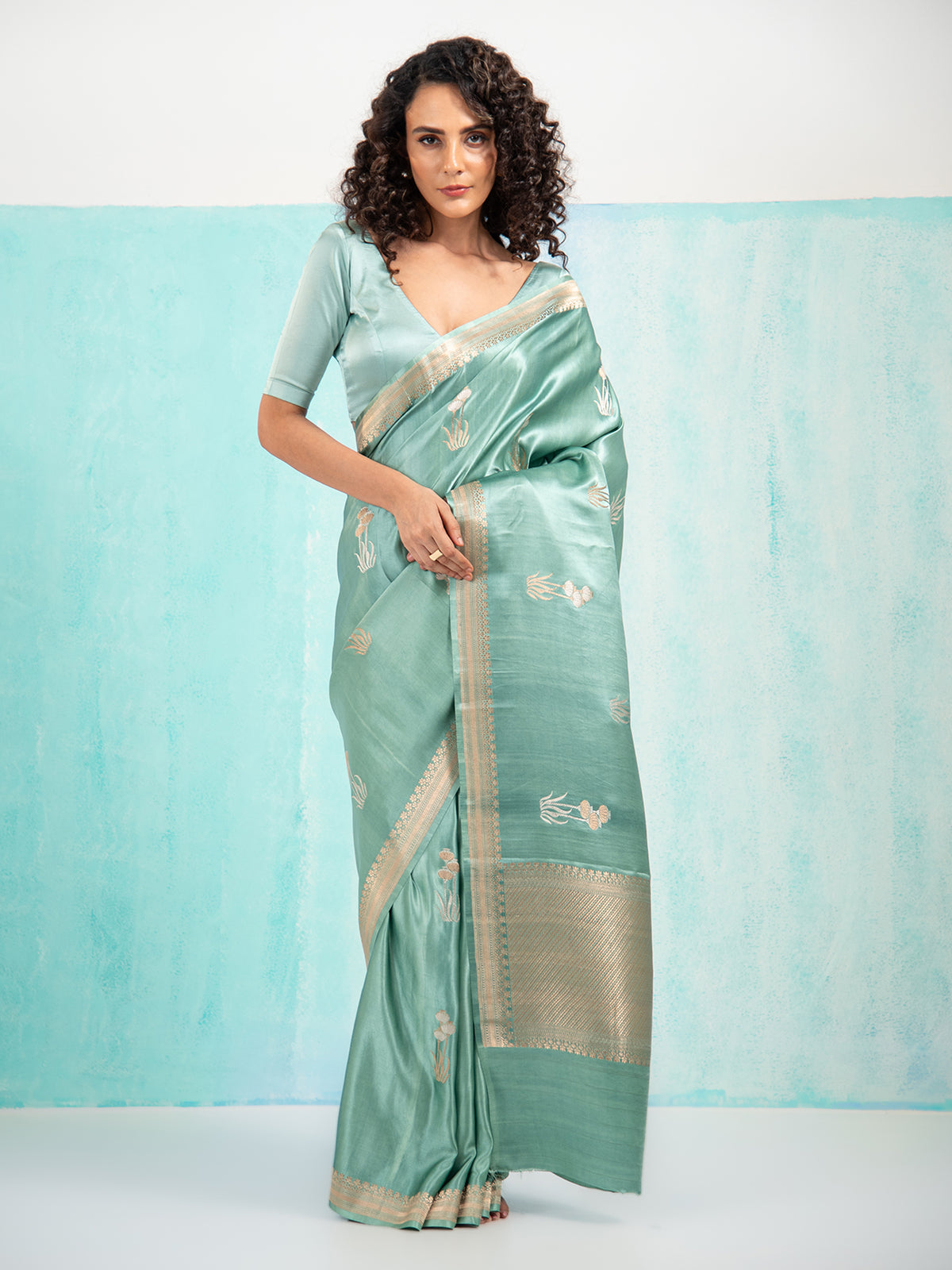 Greenish Grey Purple Boota Satin Silk Handloom Banarasi Saree - Sacred Weaves
