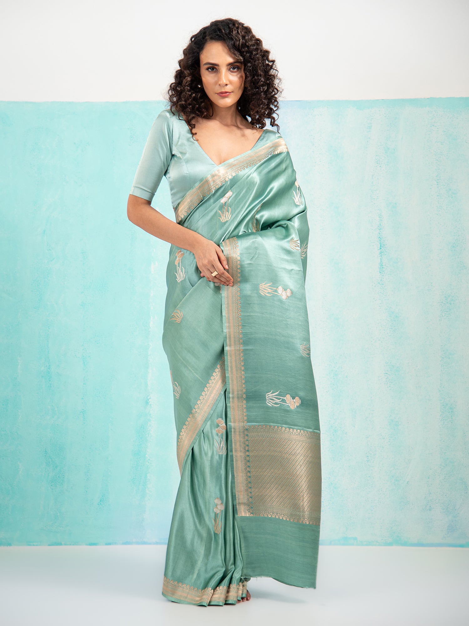 Greenish Grey Purple Boota Satin Silk Handloom Banarasi Saree - Sacred Weaves