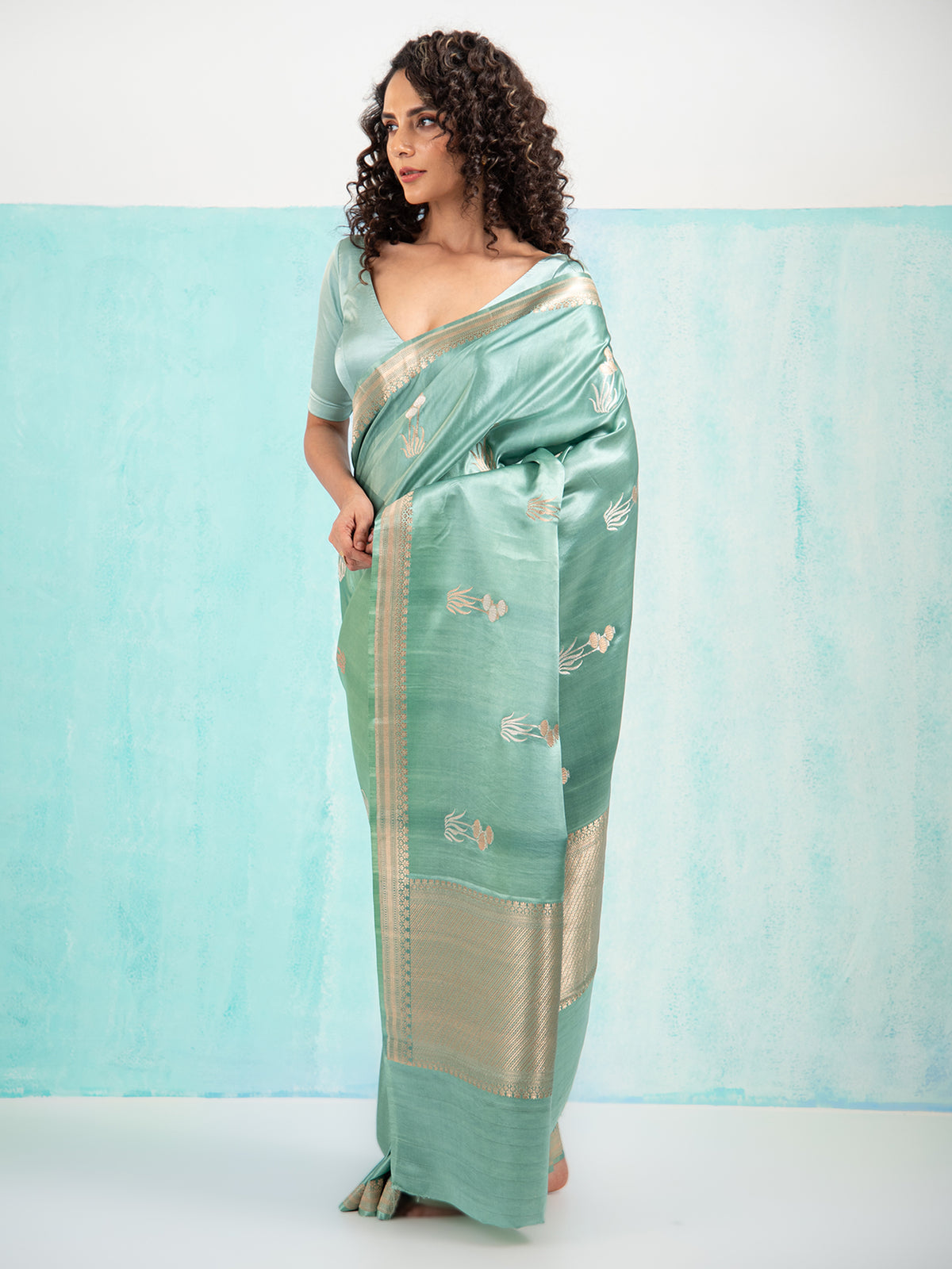 Greenish Grey Purple Boota Satin Silk Handloom Banarasi Saree - Sacred Weaves