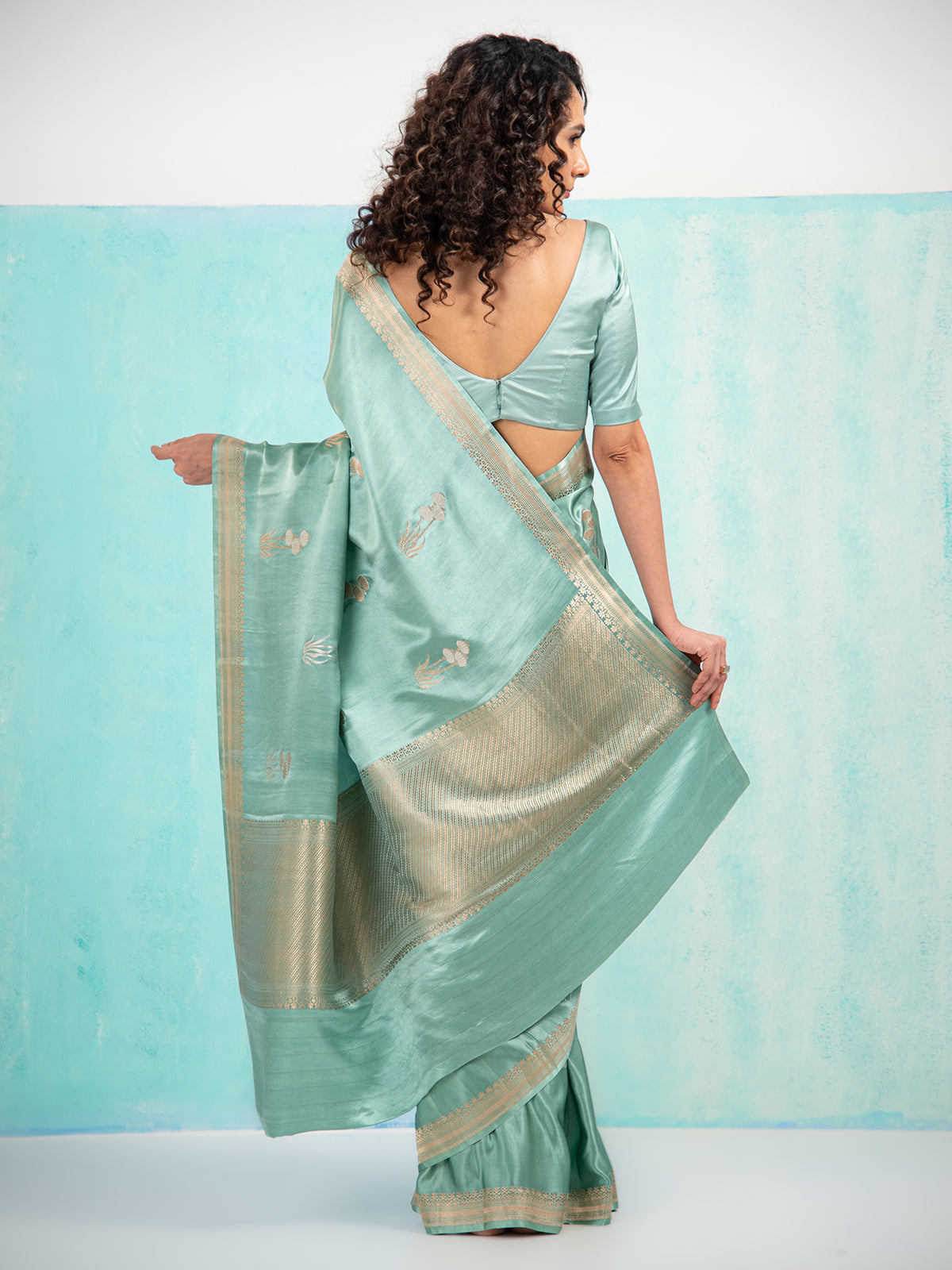 Greenish Grey Purple Boota Satin Silk Handloom Banarasi Saree - Sacred Weaves