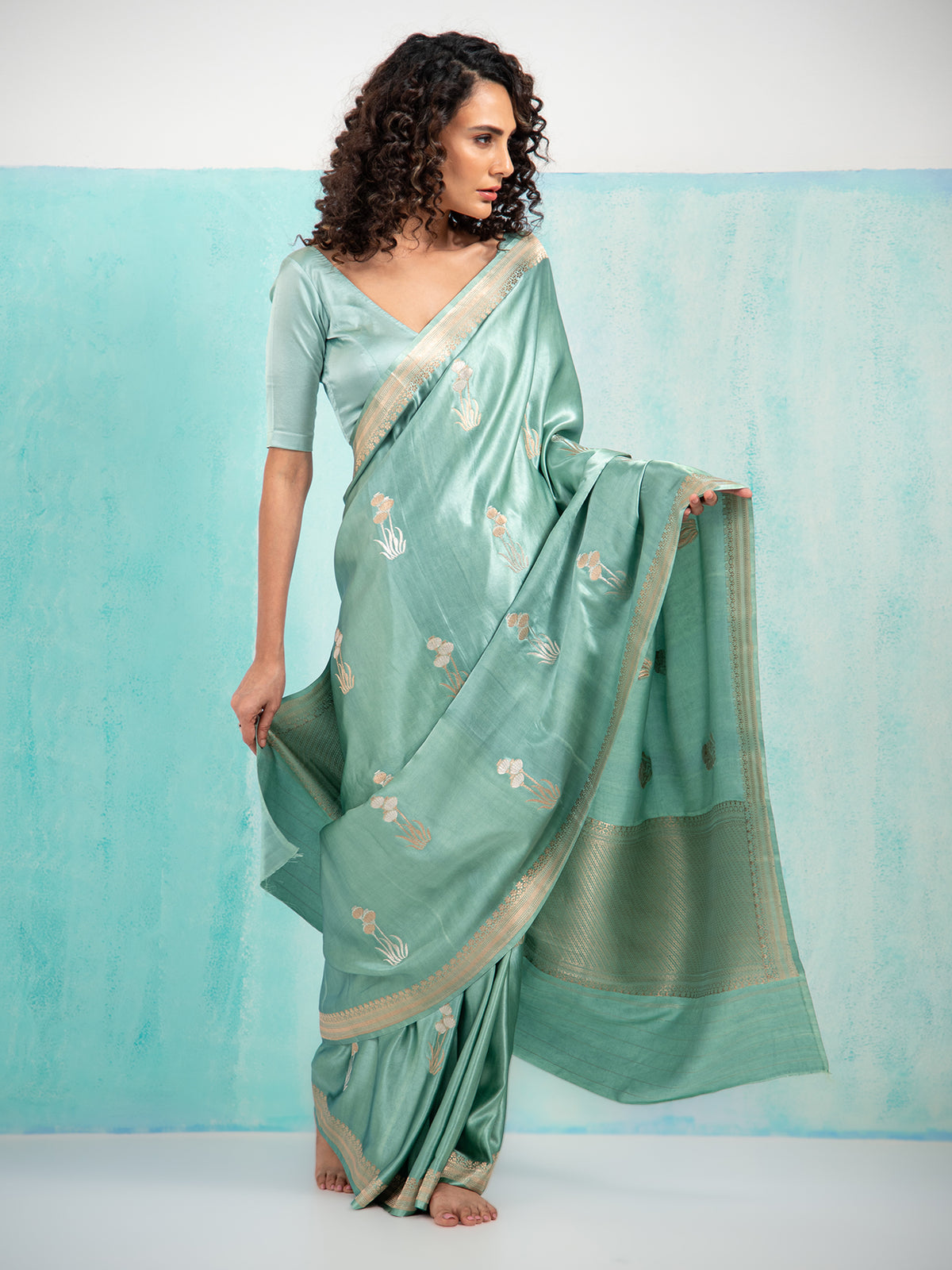 Greenish Grey Purple Boota Satin Silk Handloom Banarasi Saree - Sacred Weaves