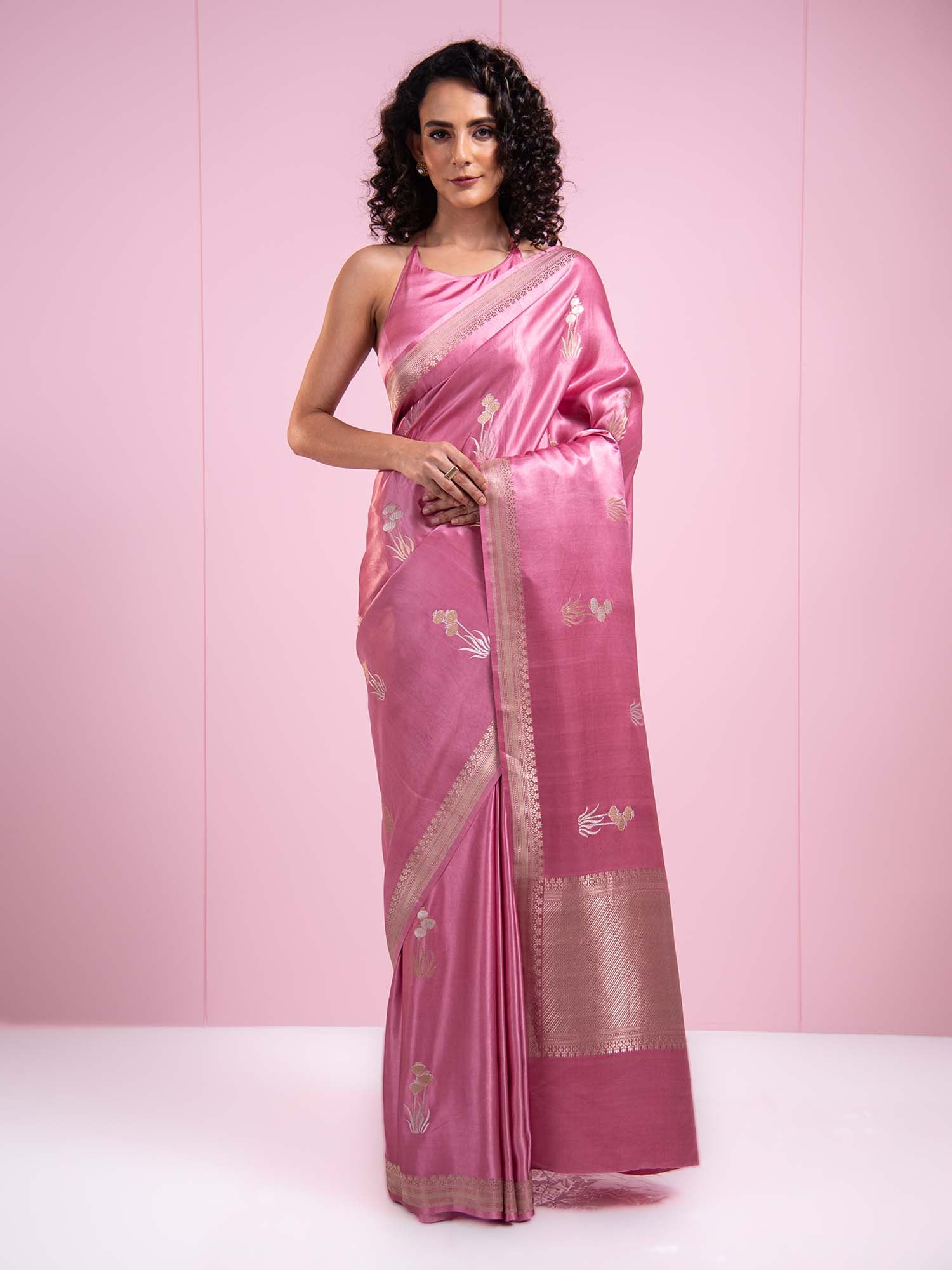 Onion Pink Boota Satin Silk Handloom Banarasi Saree - Sacred Weaves