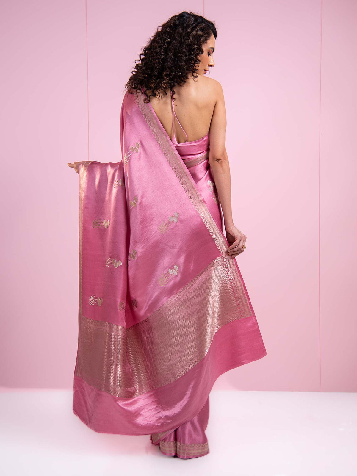 Onion Pink Boota Satin Silk Handloom Banarasi Saree - Sacred Weaves