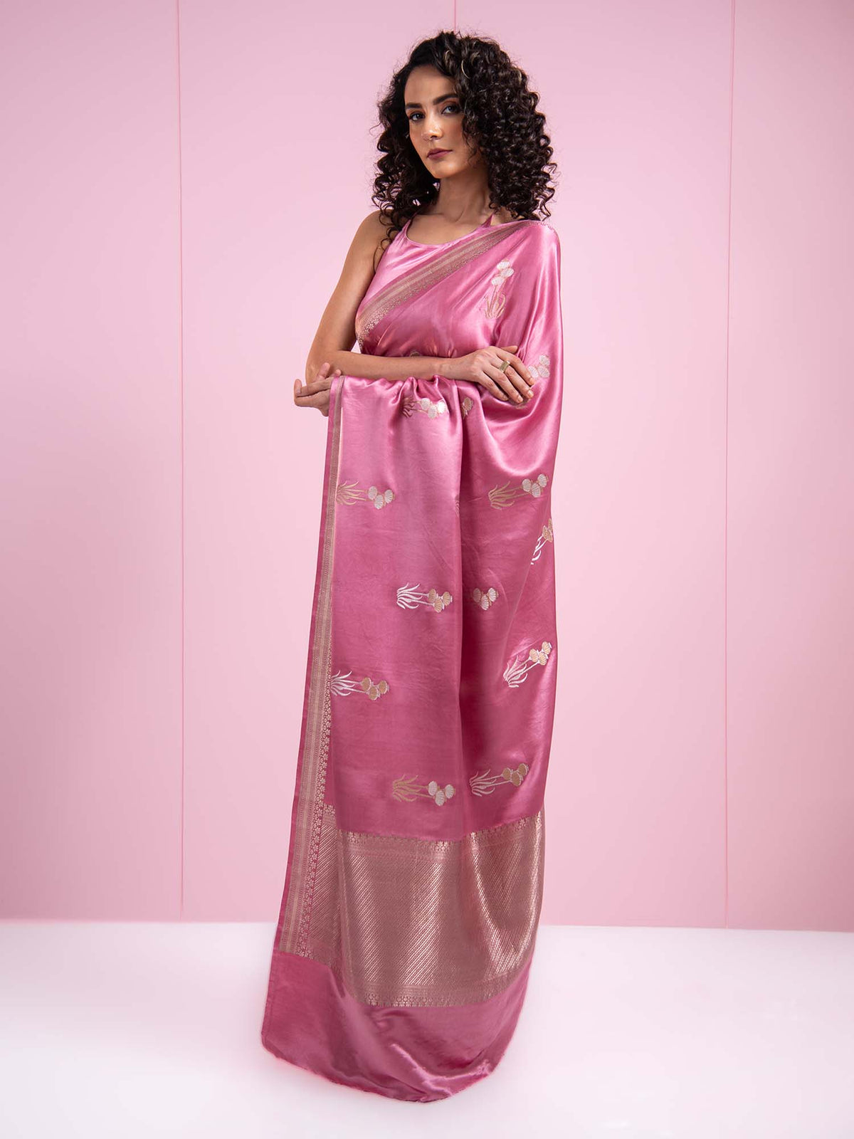 Onion Pink Boota Satin Silk Handloom Banarasi Saree - Sacred Weaves