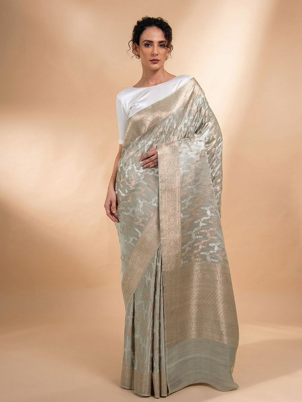 Grey Satin Sona Roopa Jaal Handloom Banarasi Saree - Sacred Weaves