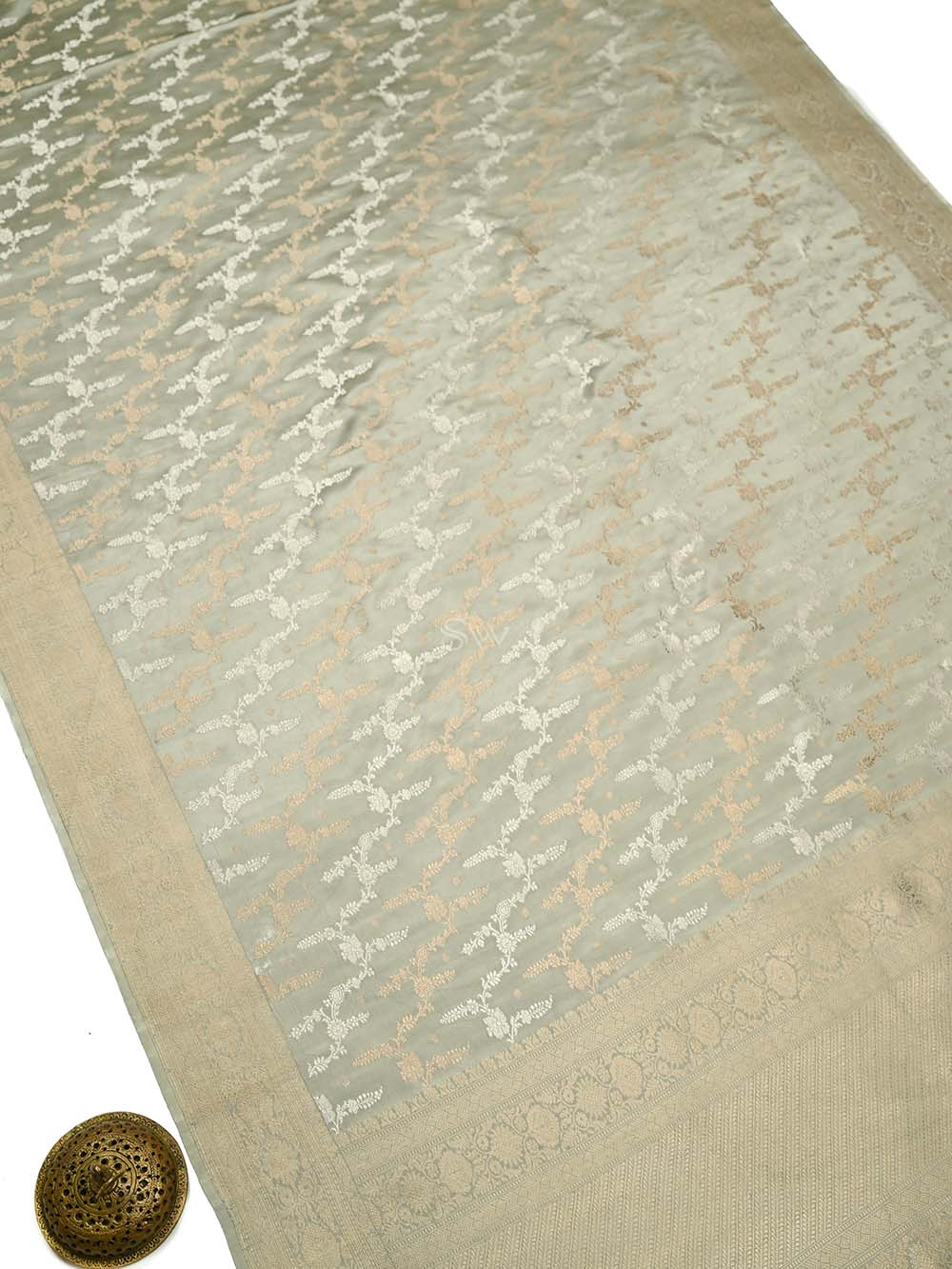 Grey Satin Sona Roopa Jaal Handloom Banarasi Saree - Sacred Weaves