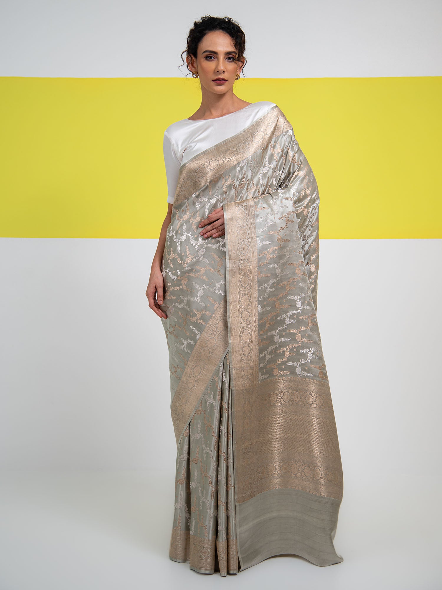 Grey Satin Sona Roopa Jaal Handloom Banarasi Saree - Sacred Weaves