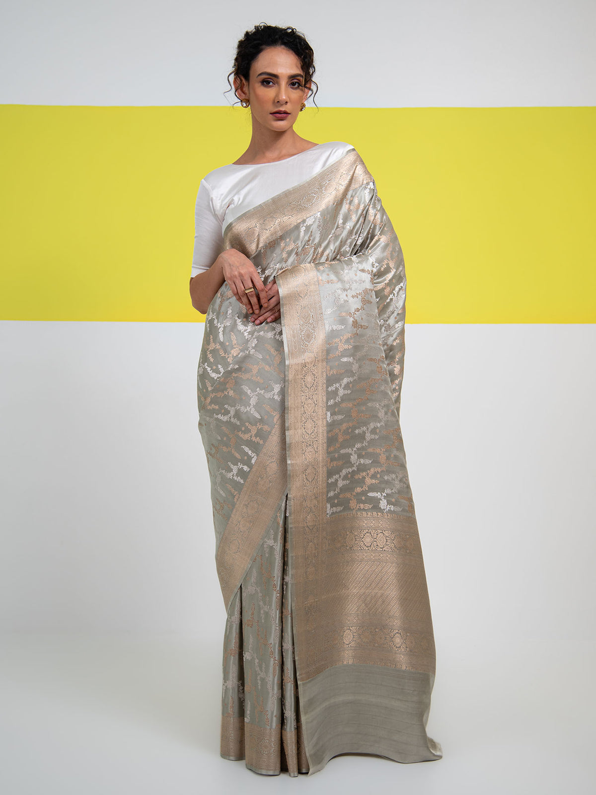 Grey Satin Sona Roopa Jaal Handloom Banarasi Saree - Sacred Weaves