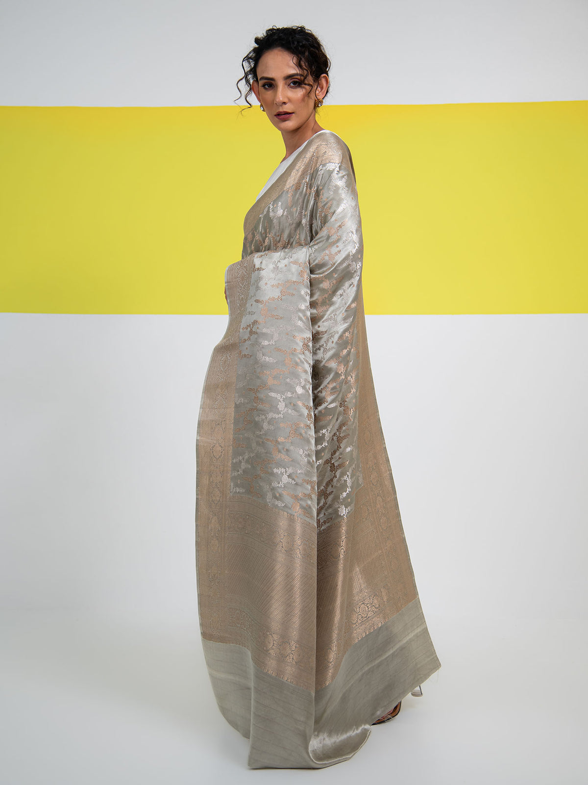 Grey Satin Sona Roopa Jaal Handloom Banarasi Saree - Sacred Weaves