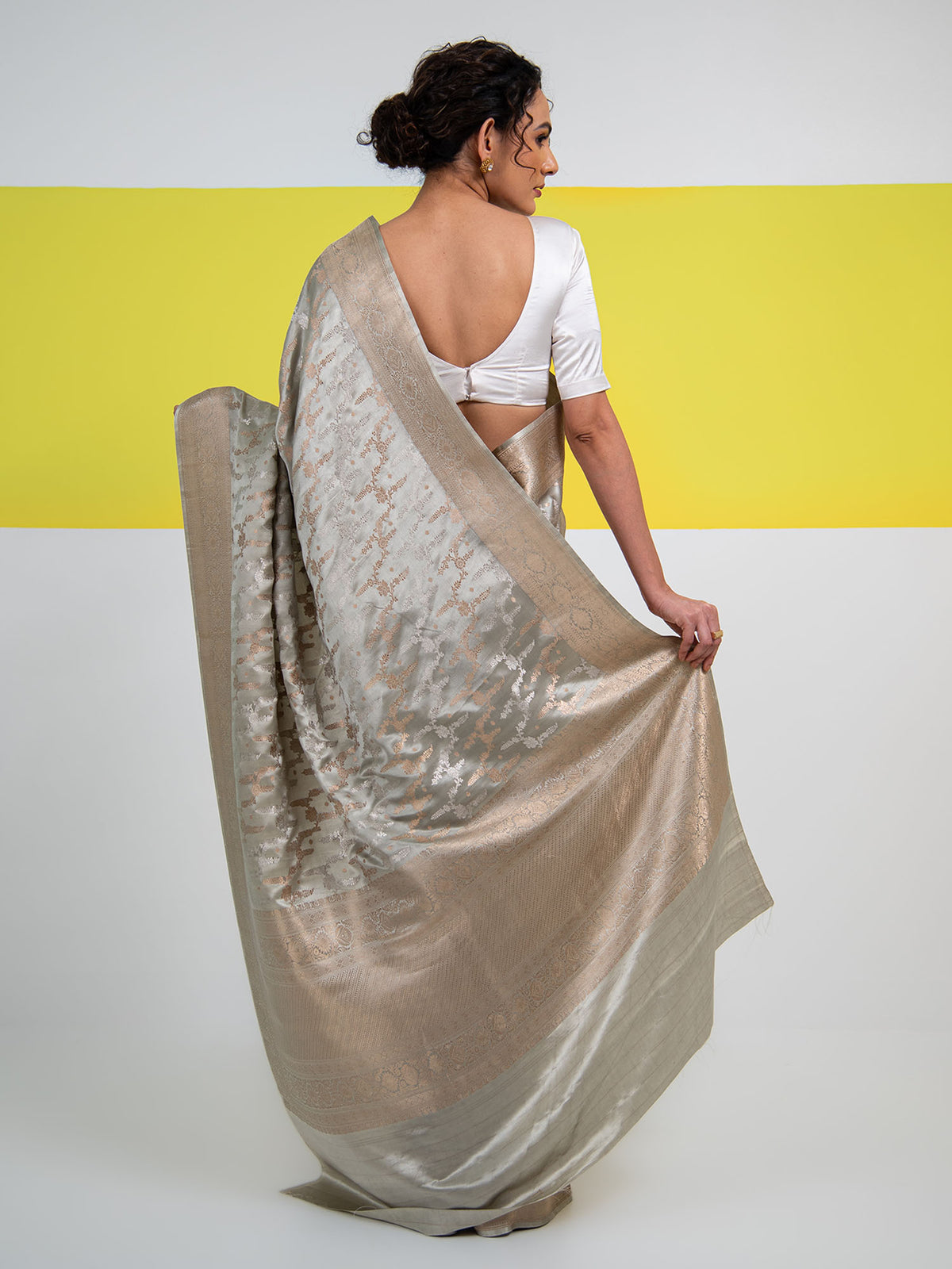 Grey Satin Sona Roopa Jaal Handloom Banarasi Saree - Sacred Weaves