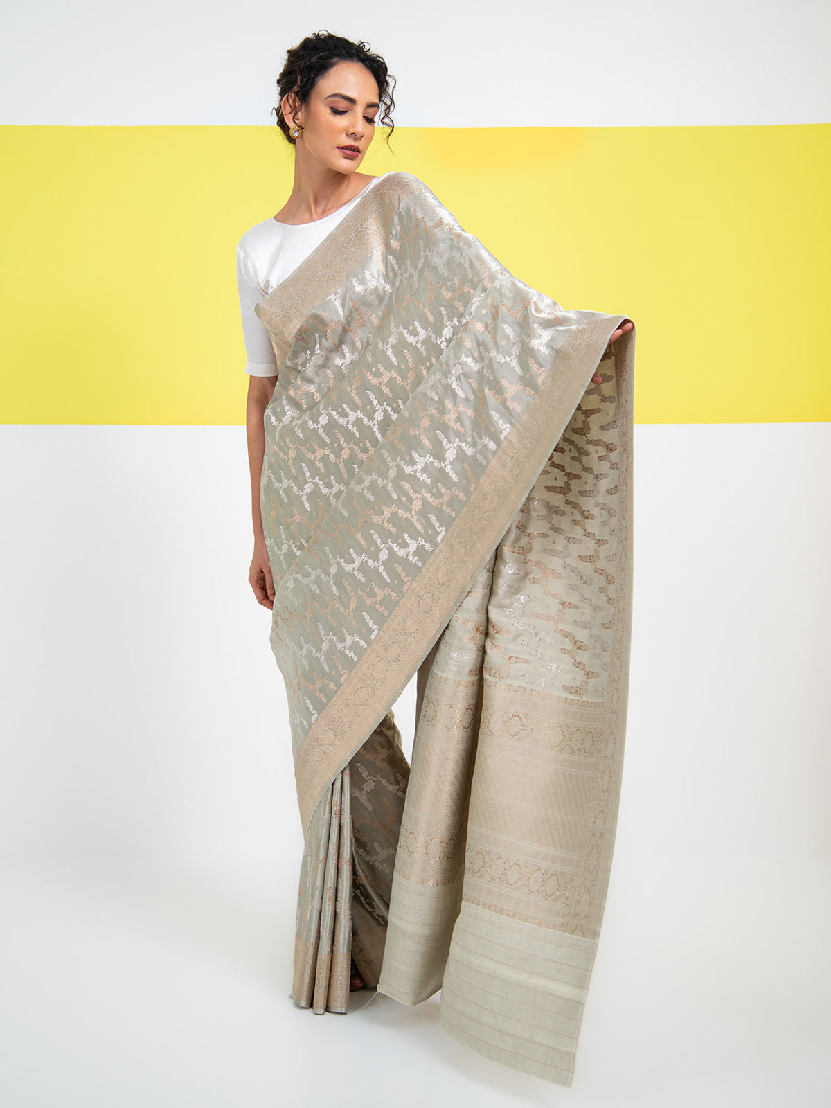 Grey Satin Sona Roopa Jaal Handloom Banarasi Saree - Sacred Weaves