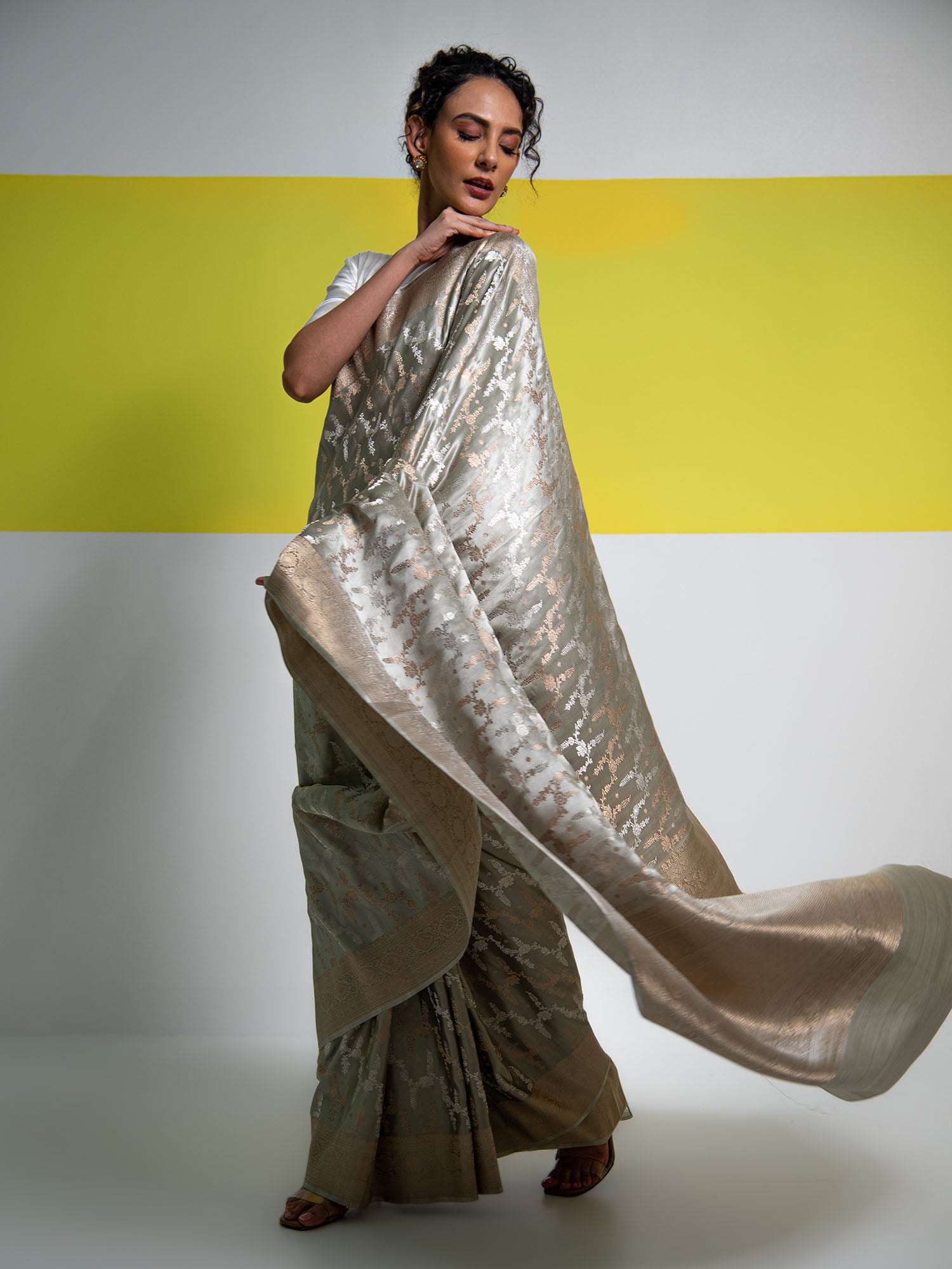 Grey Satin Sona Roopa Jaal Handloom Banarasi Saree - Sacred Weaves