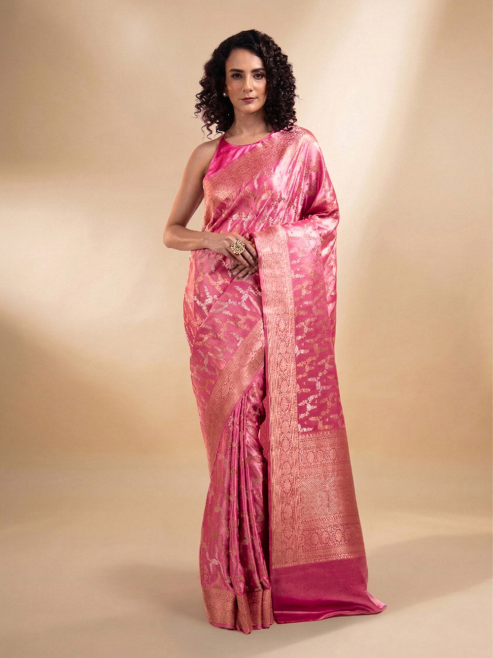 Pastel Pink Satin Sona Roopa Jaal Handloom Banarasi Saree - Sacred Weaves