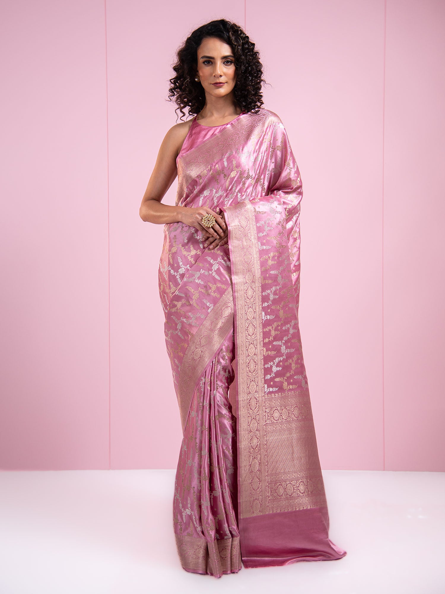Pastel Pink Satin Jaal Handloom Banarasi Saree - Sacred Weaves
