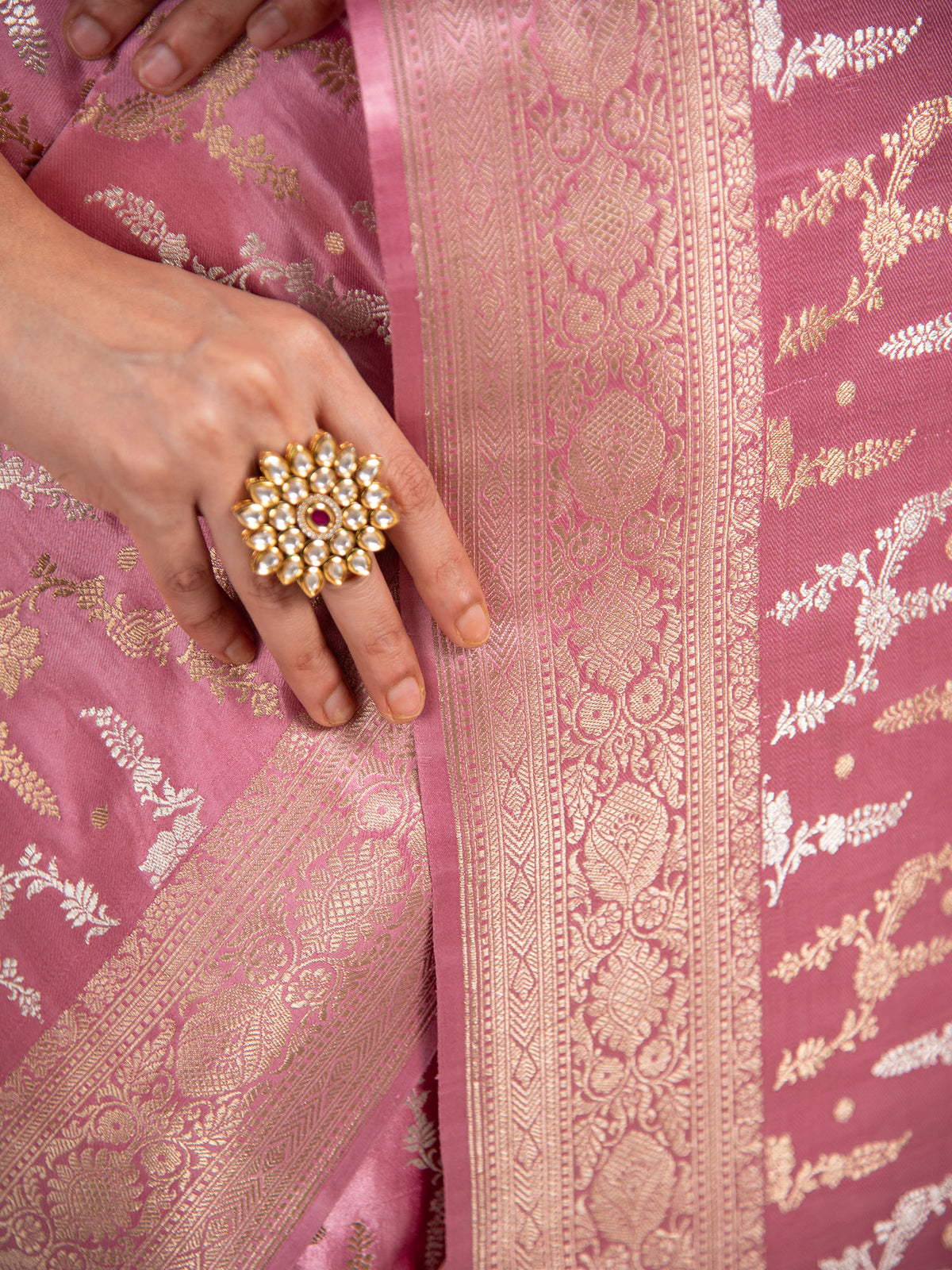 Pastel Pink Satin Jaal Handloom Banarasi Saree - Sacred Weaves