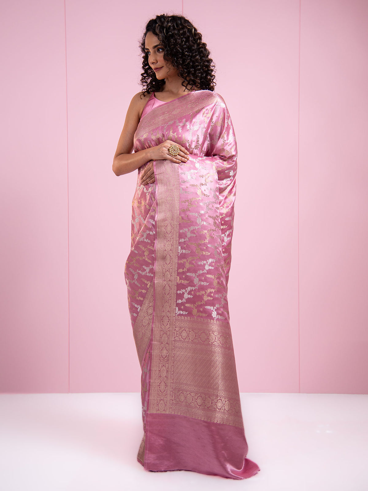Pastel Pink Satin Jaal Handloom Banarasi Saree - Sacred Weaves