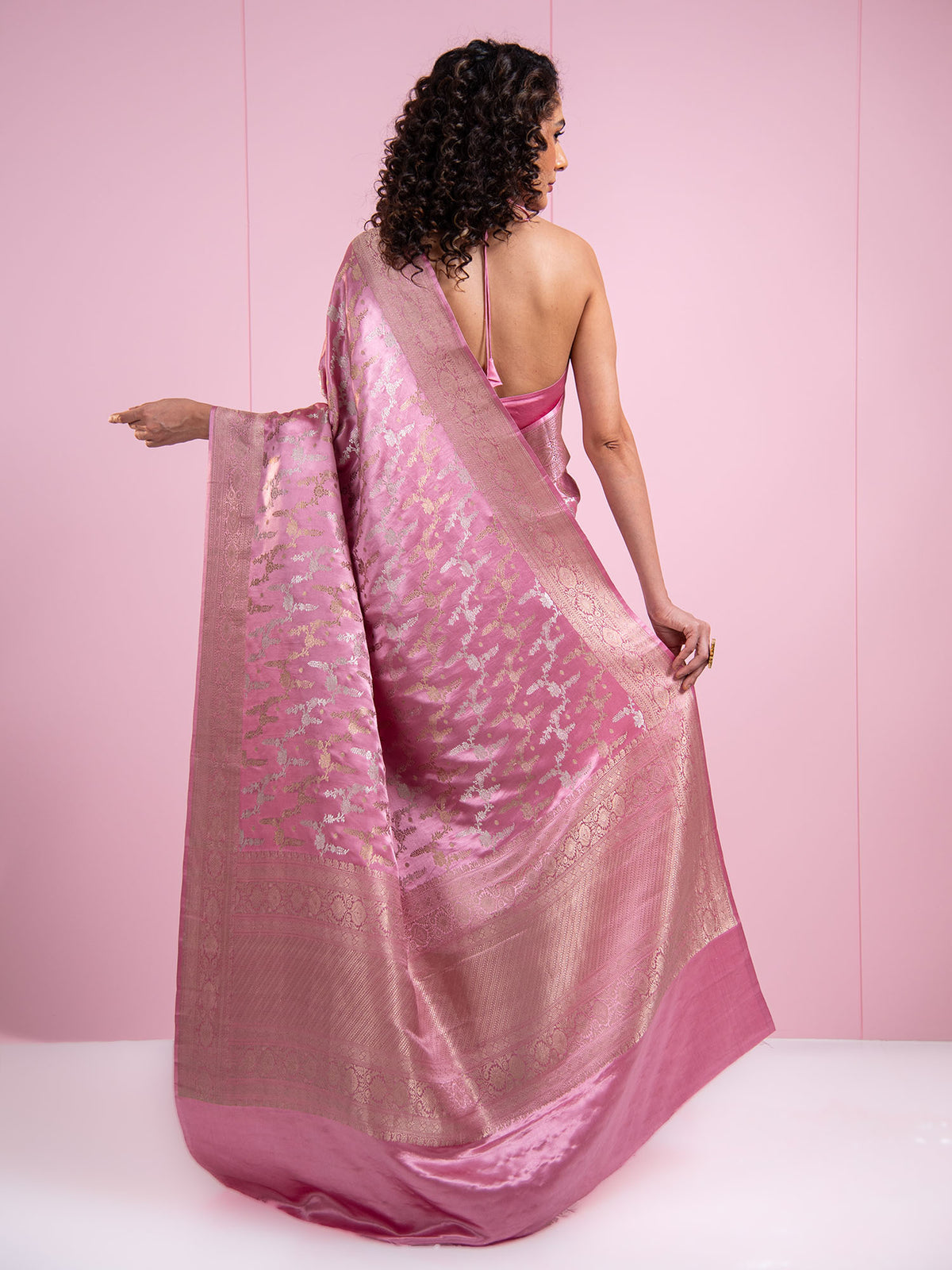 Pastel Pink Satin Jaal Handloom Banarasi Saree - Sacred Weaves