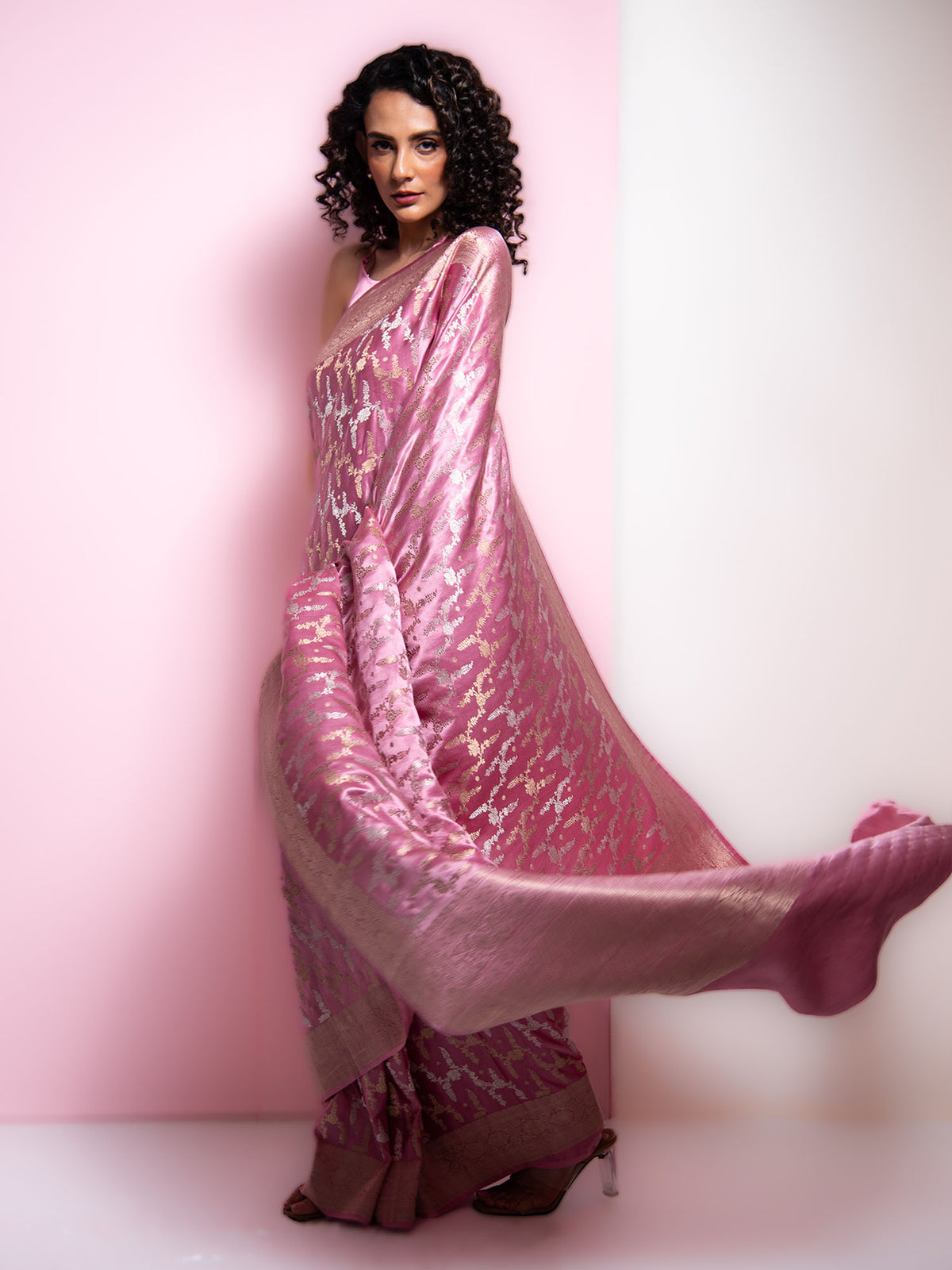 Pastel Pink Satin Jaal Handloom Banarasi Saree - Sacred Weaves