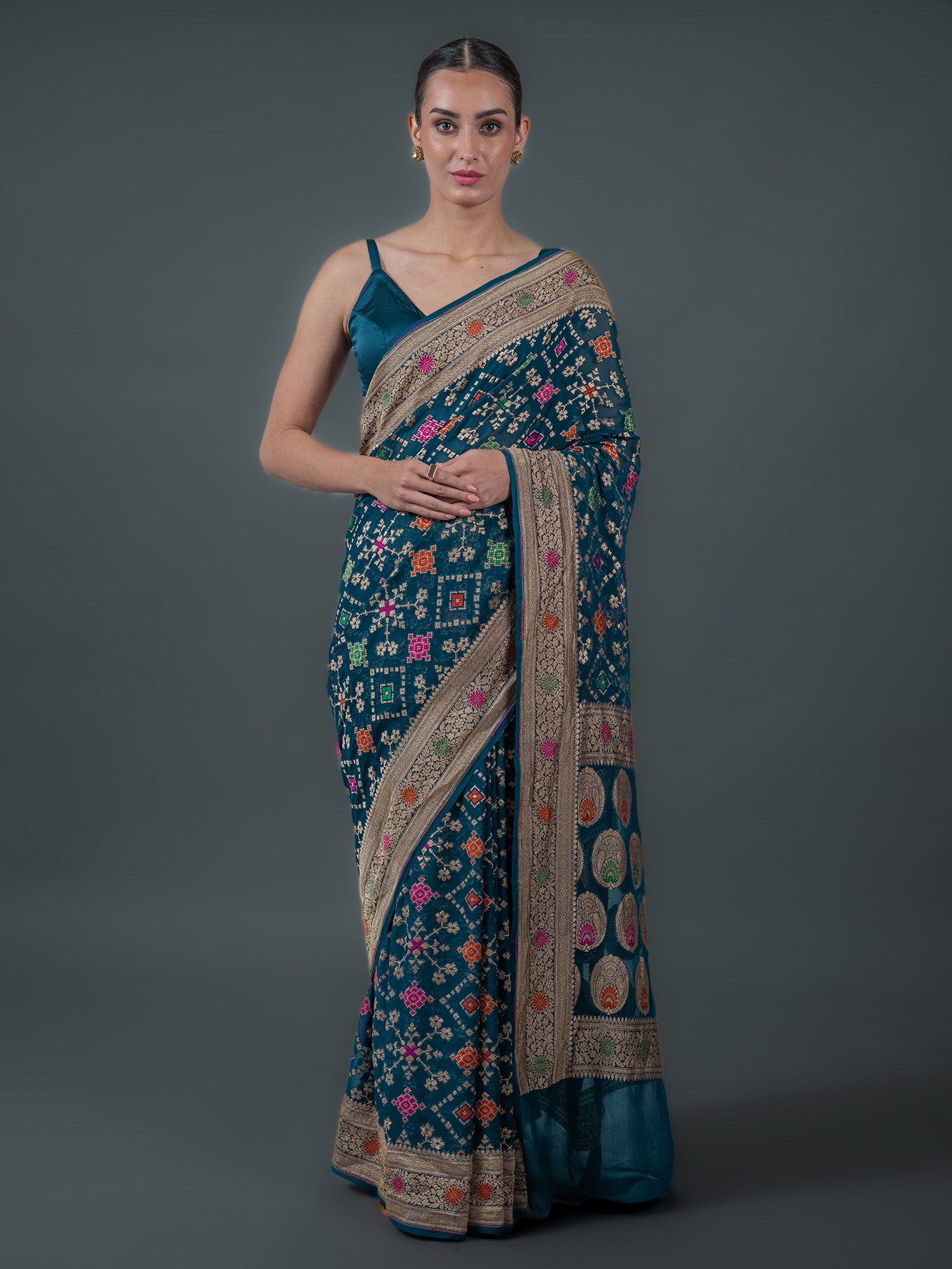 Midnight Blue Meenakari Jaal Khaddi Georgette Handloom Banarasi Saree - Sacred Weaves