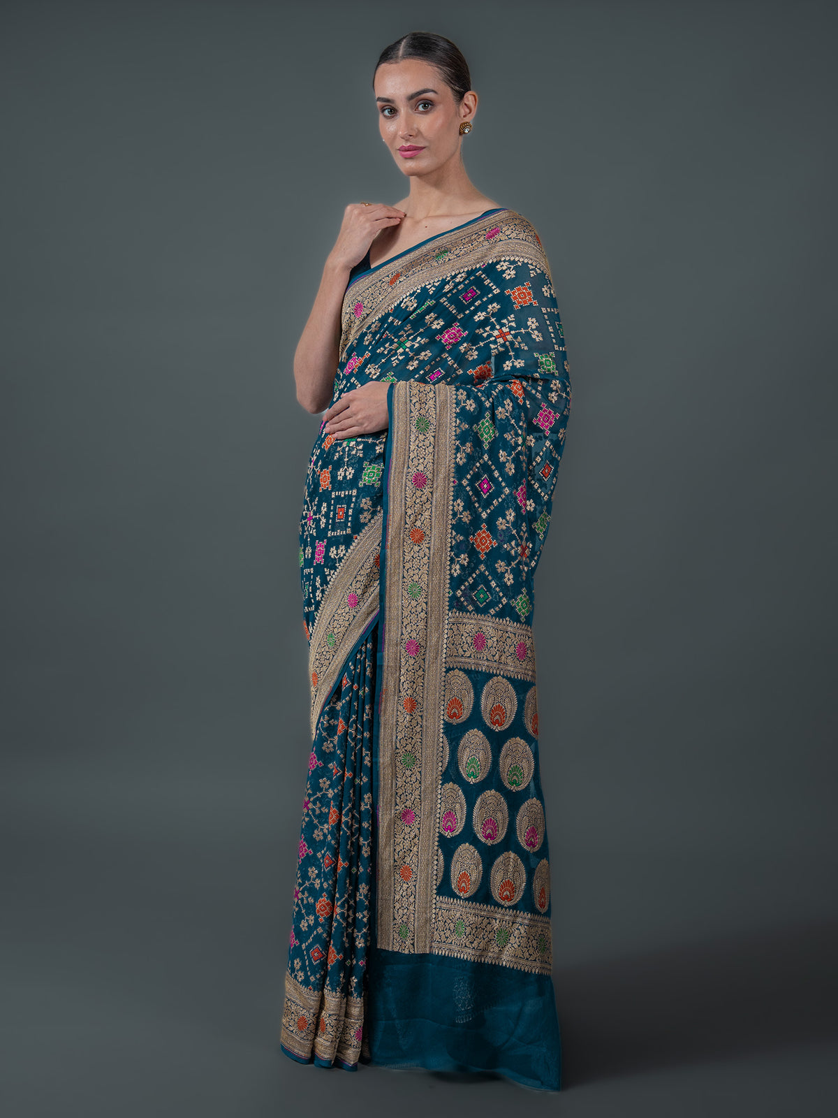 Midnight Blue Meenakari Jaal Khaddi Georgette Handloom Banarasi Saree - Sacred Weaves