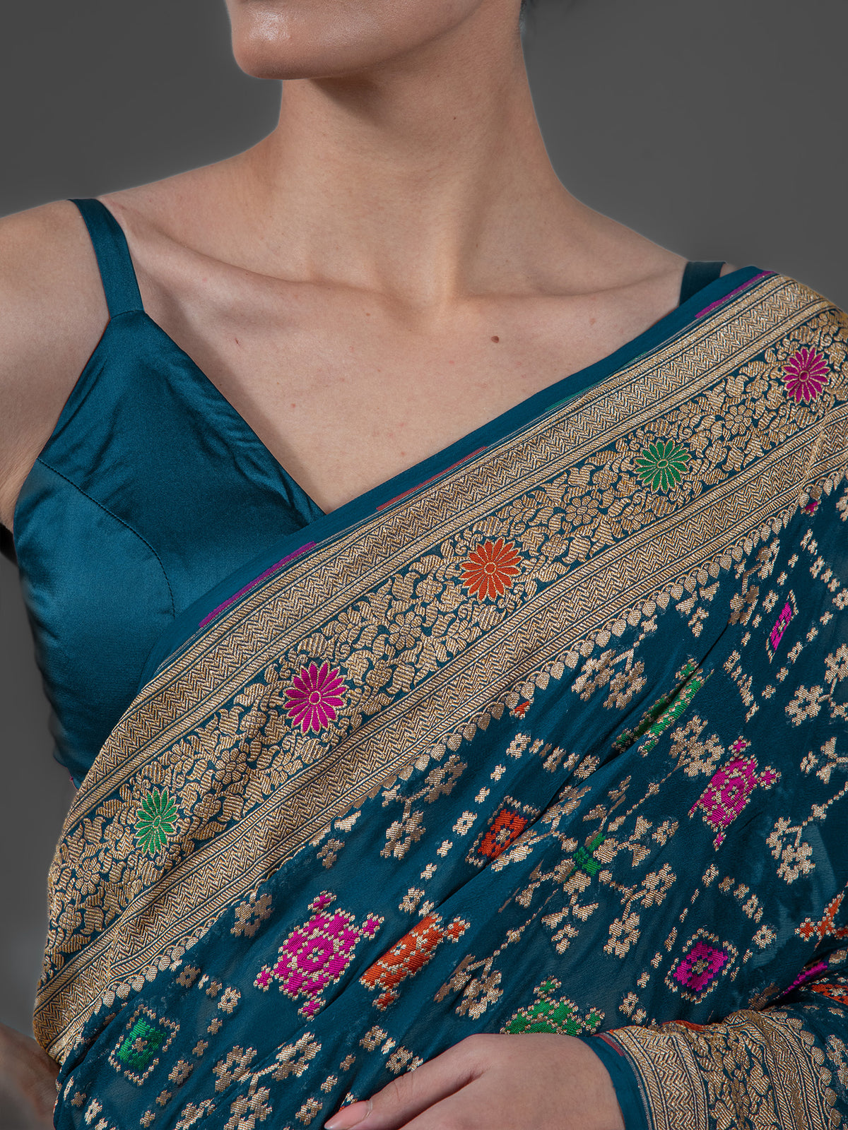 Midnight Blue Meenakari Jaal Khaddi Georgette Handloom Banarasi Saree - Sacred Weaves