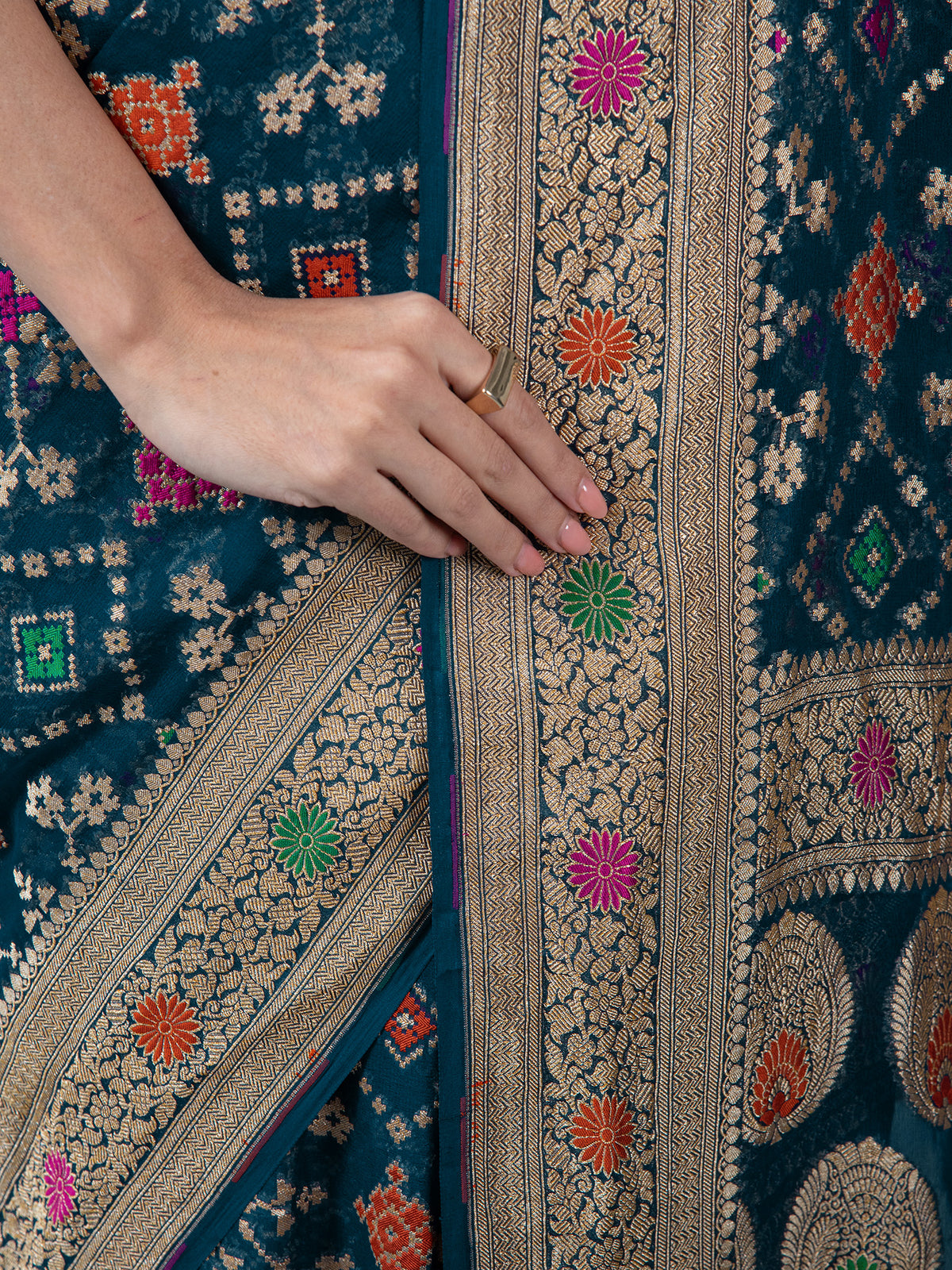 Midnight Blue Meenakari Jaal Khaddi Georgette Handloom Banarasi Saree - Sacred Weaves