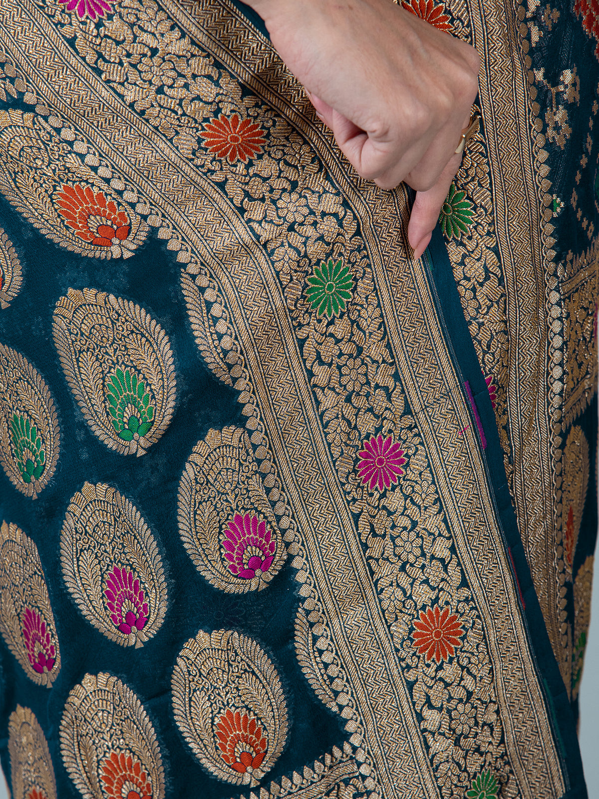 Midnight Blue Meenakari Jaal Khaddi Georgette Handloom Banarasi Saree - Sacred Weaves
