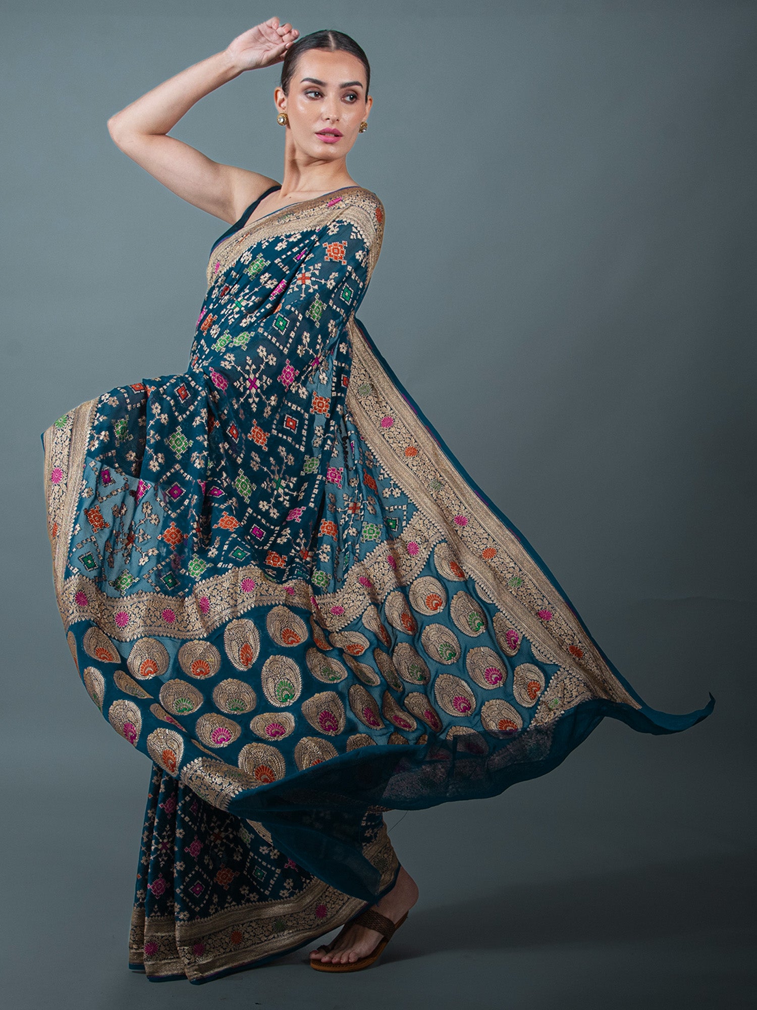 Midnight Blue Meenakari Jaal Khaddi Georgette Handloom Banarasi Saree - Sacred Weaves