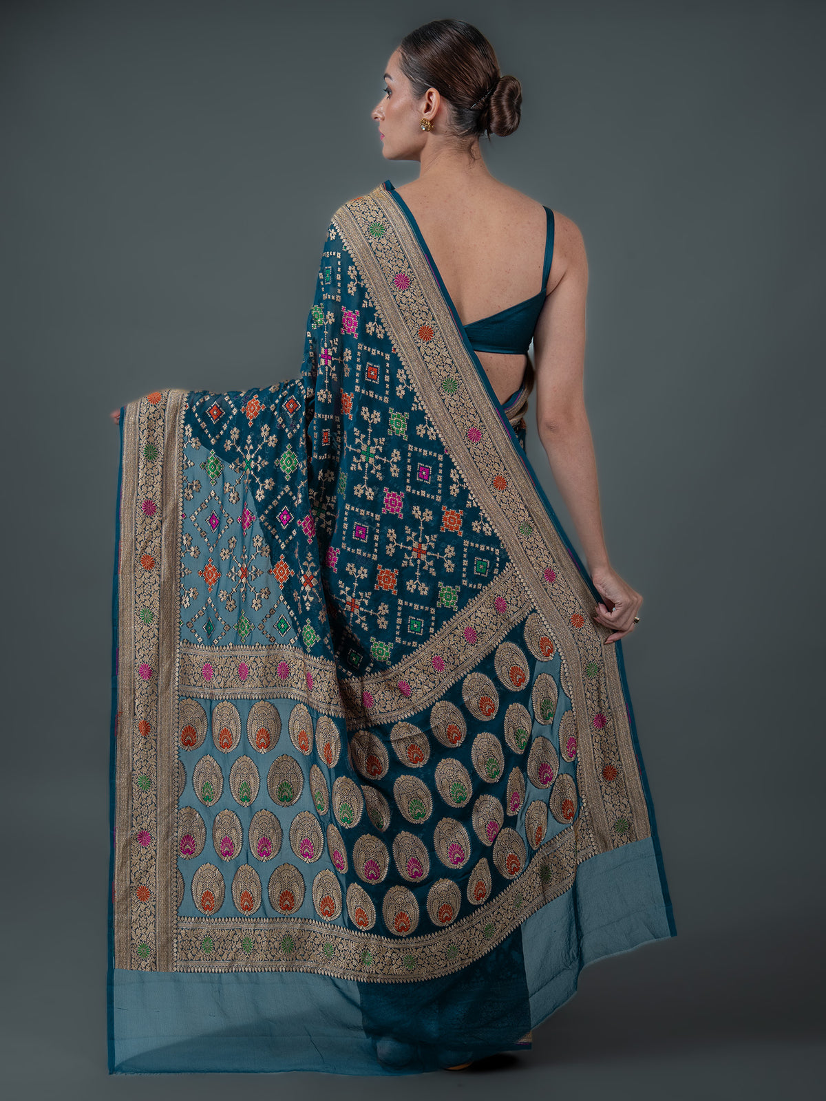 Midnight Blue Meenakari Jaal Khaddi Georgette Handloom Banarasi Saree - Sacred Weaves
