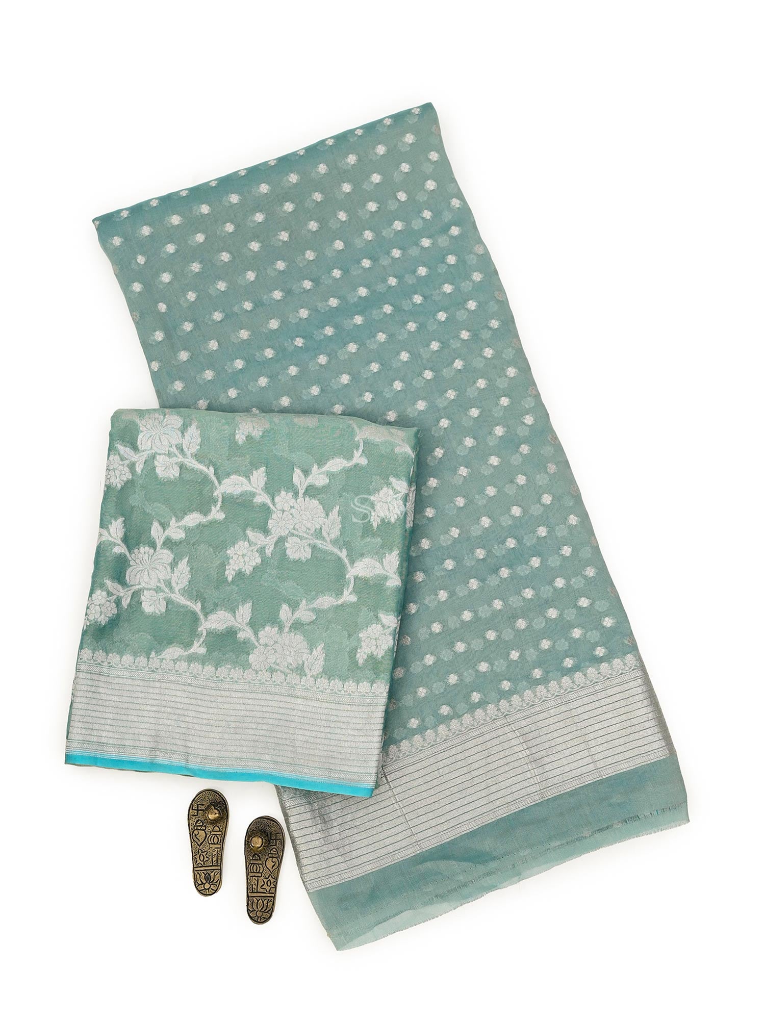 Sky Blue Booti Tissue Silk Handloom Banarasi Suit - Sacred Weaves