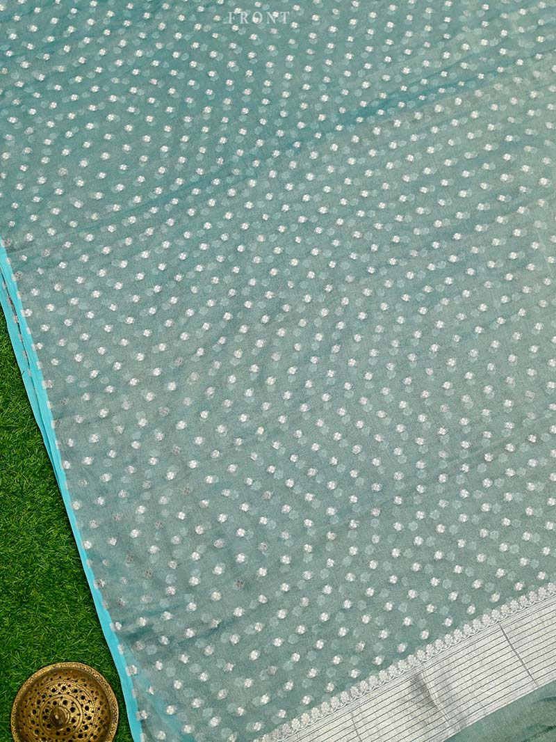 Sky Blue Booti Tissue Silk Handloom Banarasi Suit - Sacred Weaves