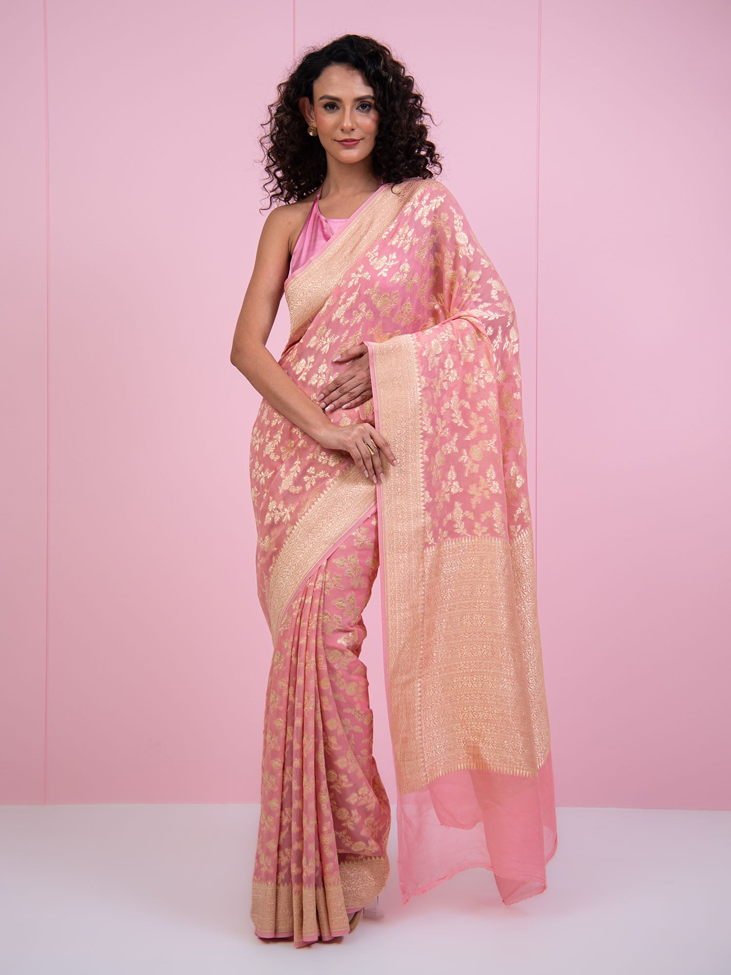 Pastel Pink Jaal Khaddi Georgette Handloom Banarasi Saree - Sacred Weaves