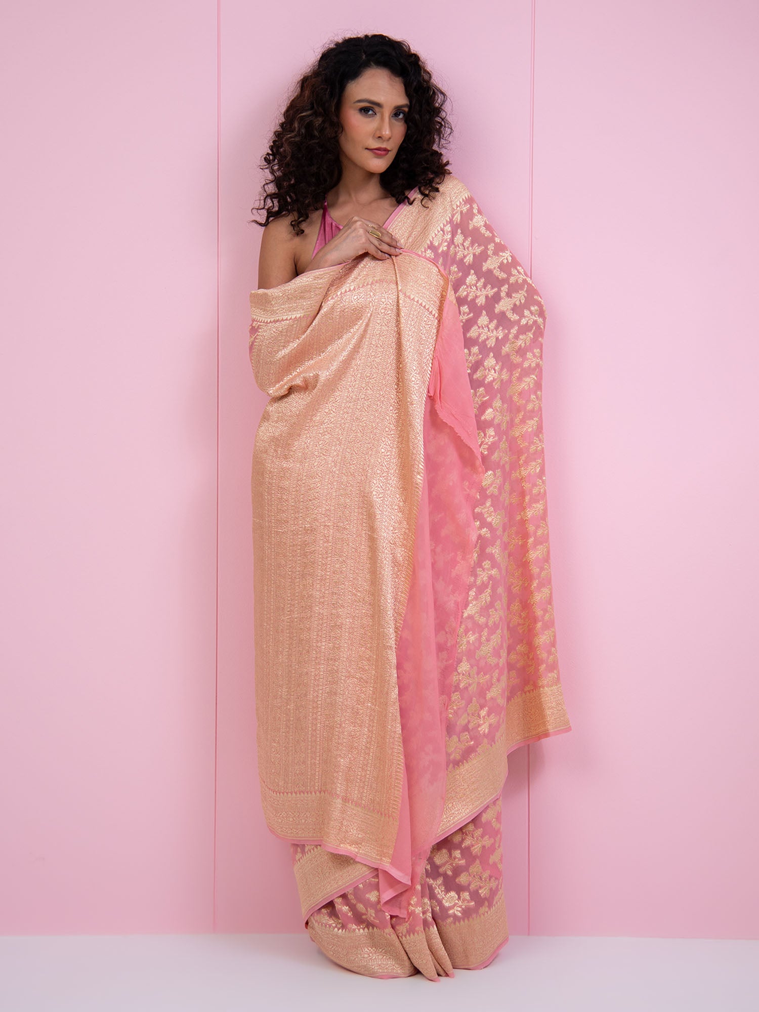Pastel Pink Jaal Khaddi Georgette Handloom Banarasi Saree - Sacred Weaves