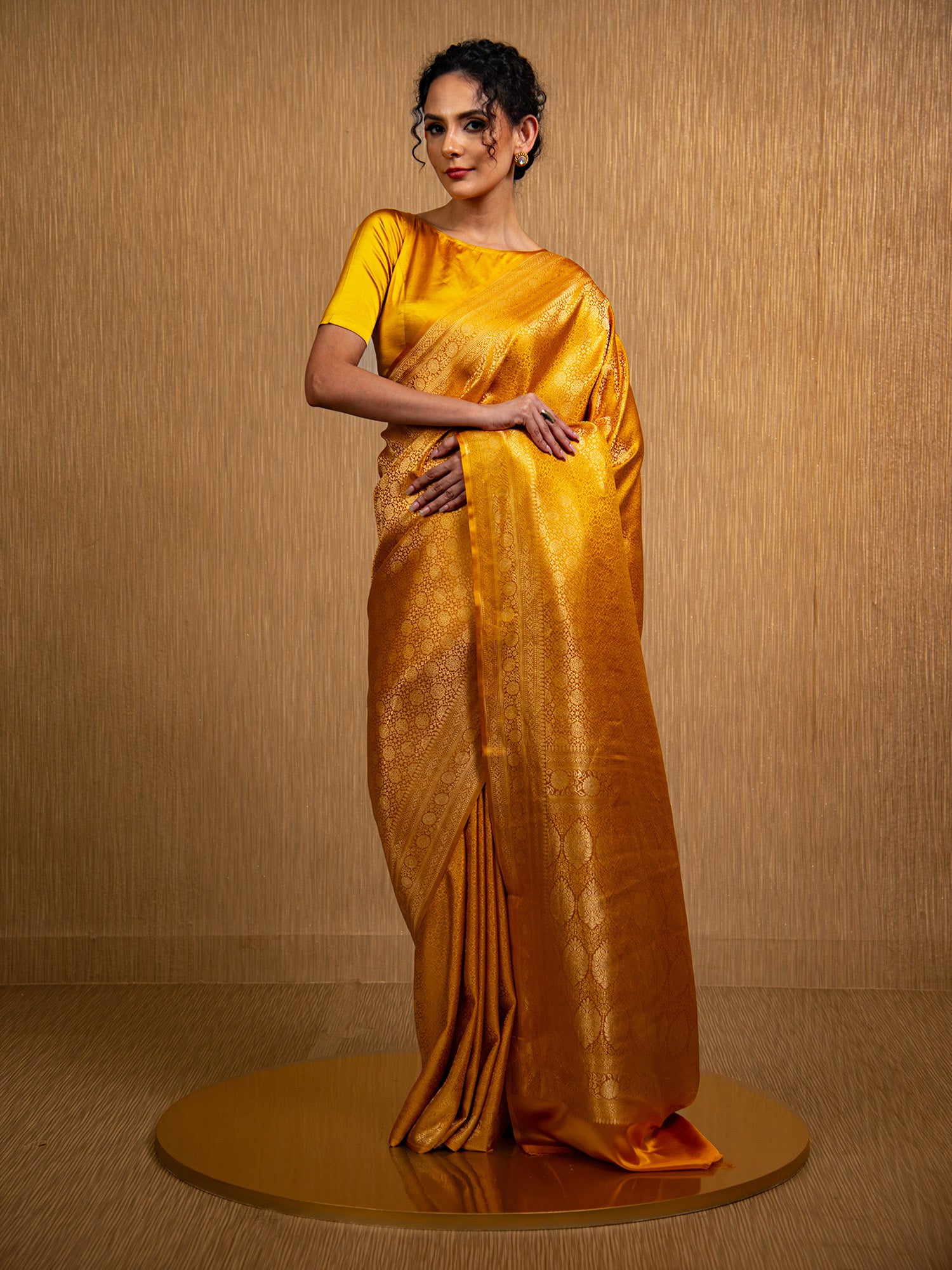 Mustard Satin Brocade Handloom Banarasi Saree - Sacred Weaves