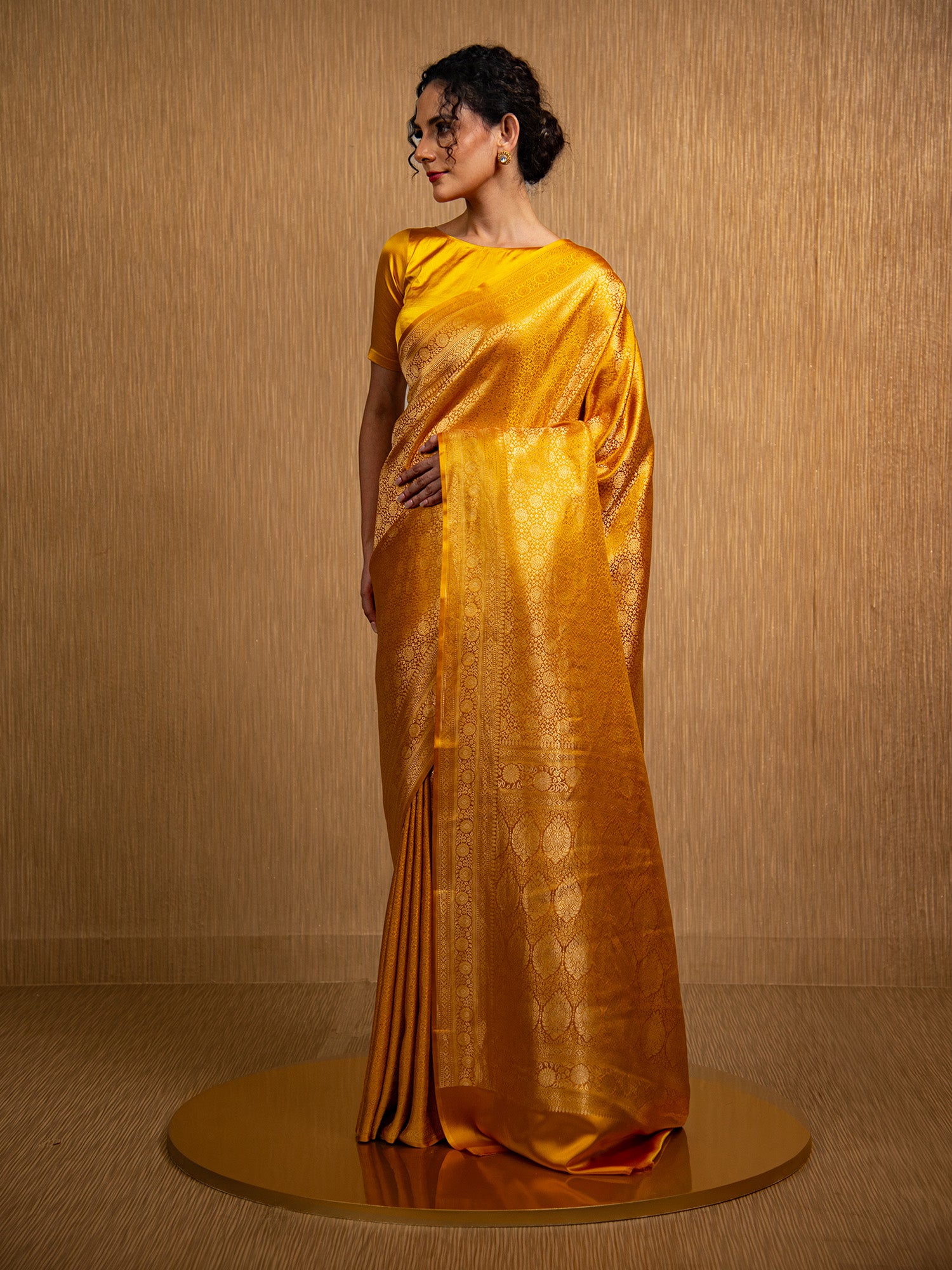 Mustard Satin Brocade Handloom Banarasi Saree - Sacred Weaves